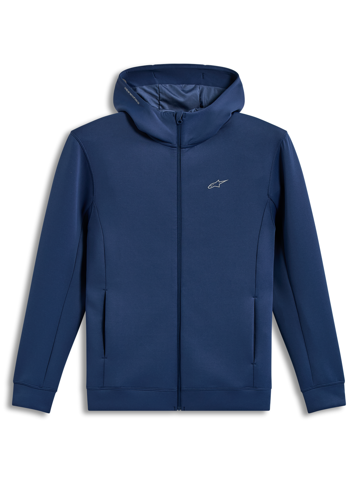Alpinestars Cypher Hoodie, stalowoniebieska bluza z kapturem zapinana na zamek, polarowa dzianina tri-blend, wysoki kaptur z siatkową podszewką i kieszenie, logo Astars na piersi.
