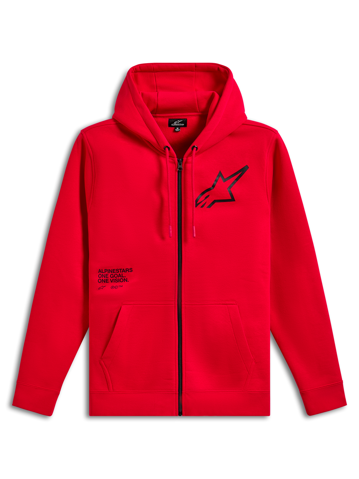 Alpinestars Transverse Hoodie, rozpinana bluza z polaru z kapturem, czerwona, czarne logo Astars na klatce piersiowej z nadrukiem tekstowym One Goal One Vision, kaptur ze sznurkiem, kieszenie typu kangurka, prążkowane mankiety i dół, casualowa odzież streetwear w stylu motorsportowym