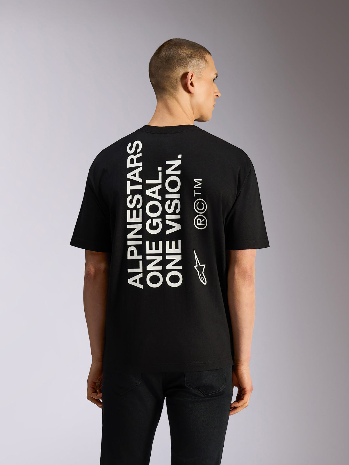 Alpinestars One Oversized CSF Tee, Short Sleeve T-Shirt, Black, Vertical white 'Alpinestars One Goal One Vision' text on the back, Casual Motorsport Sportswear