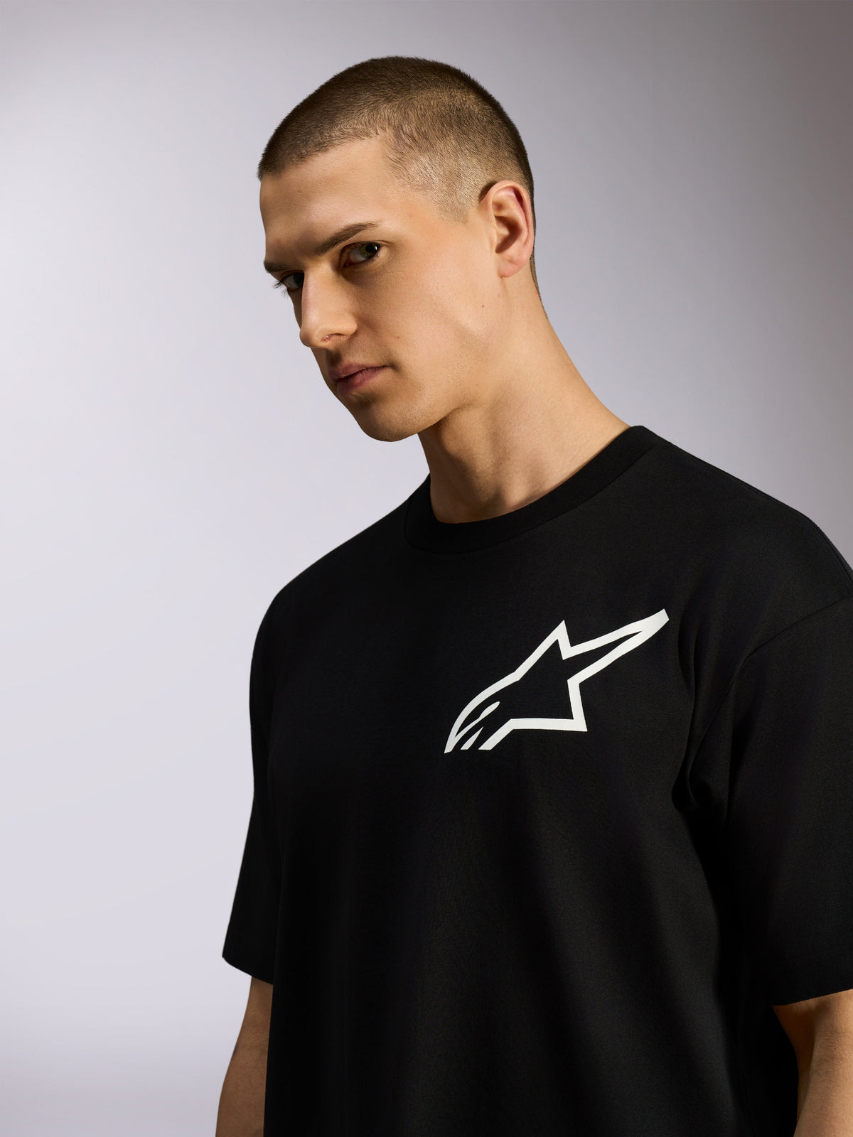 Alpinestars One Oversized CSF Tee, Short Sleeve T-Shirt, Black, White Astars Logo, worn by male model, casual lifestyle streetwear