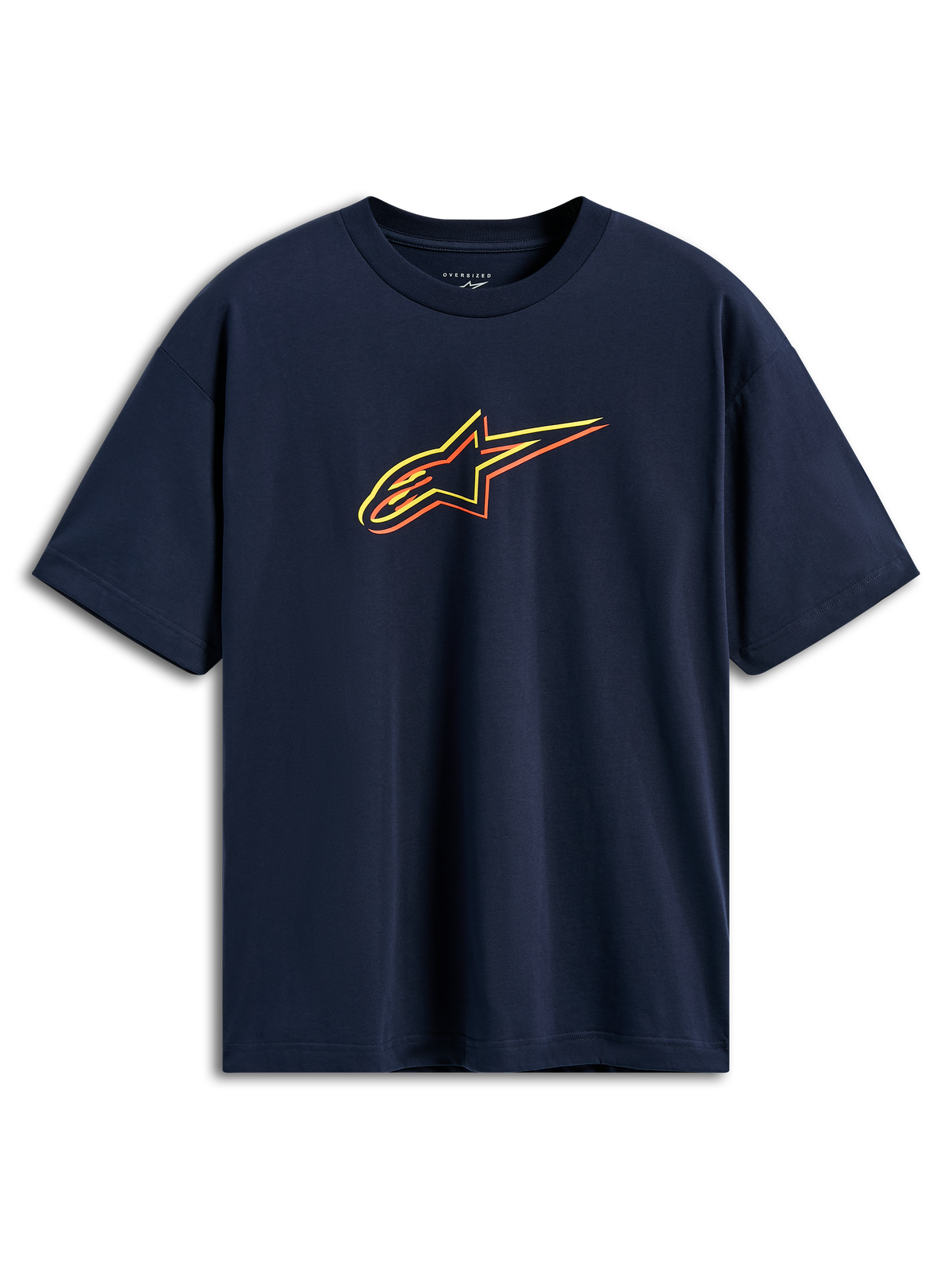 Alpinestars Alter Oversized CSF Tee, granatowy t-shirt z krótkim rękawem, logo Astars z żółtymi, pomarańczowymi i czerwonymi konturami, codzienna odzież streetwearowa w stylu motorsport