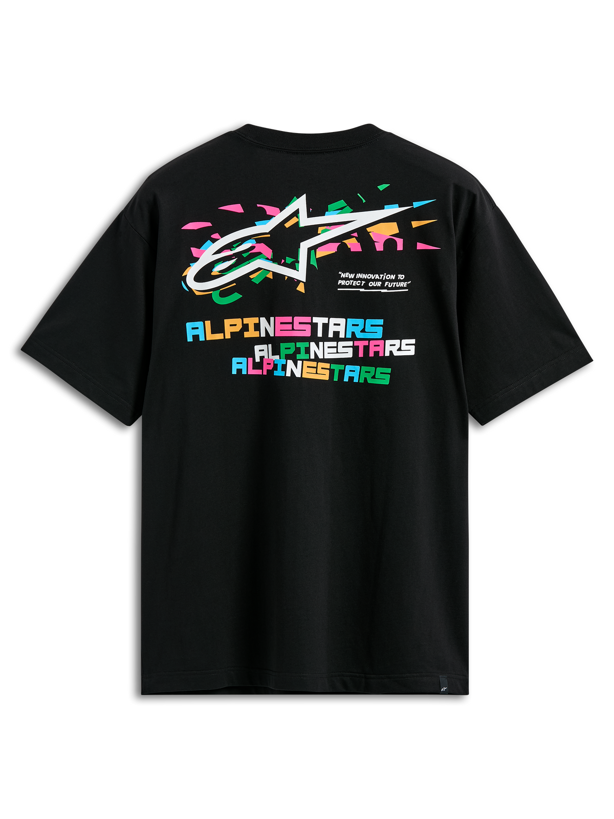 Alpinestars Wild Oversized CSF Tee, koszulka z krótkim rękawem, czarna, widok z tyłu z żywym, wielokolorowym logo Astars i blokowymi napisami Alpinestars, styl streetwearowy