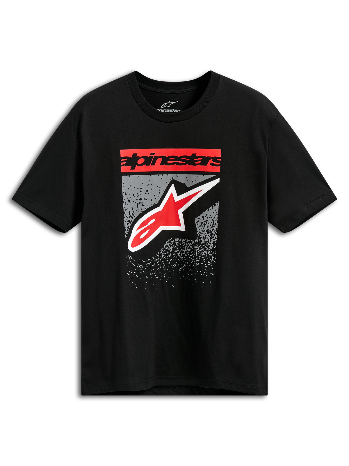 Alpinestars Noka CSF Tee, t-shirt z krótkim rękawem, czarny, czerwony napis blokowy Alpinestars i logo gwiazdy z szarą grafiką z gradientem MX, casualowa odzież motorsportowa