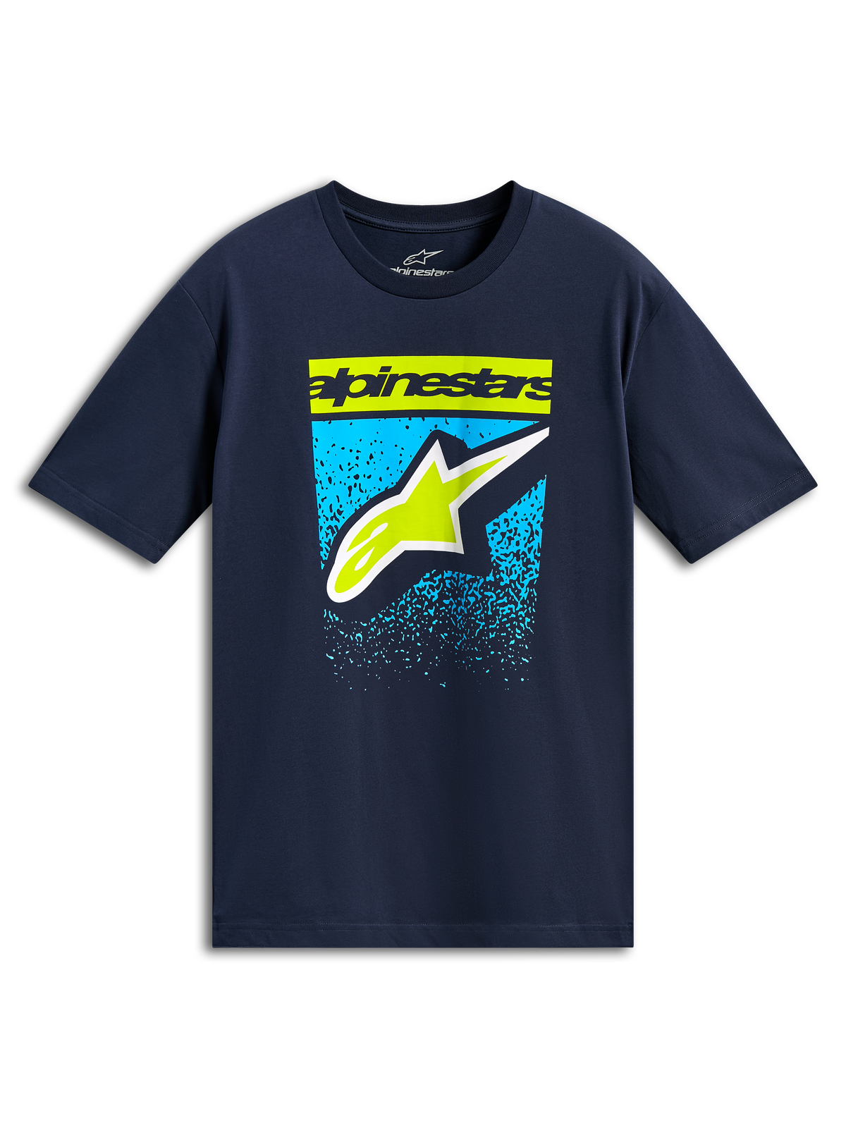 Alpinestars Noka CSF Tee, koszulka z krótkim rękawem, granatowa, limonkowo-zielony logotyp i logo Astars na tle niebieskiej grafiki z gradientem, casualowa odzież uliczna w stylu motorsport