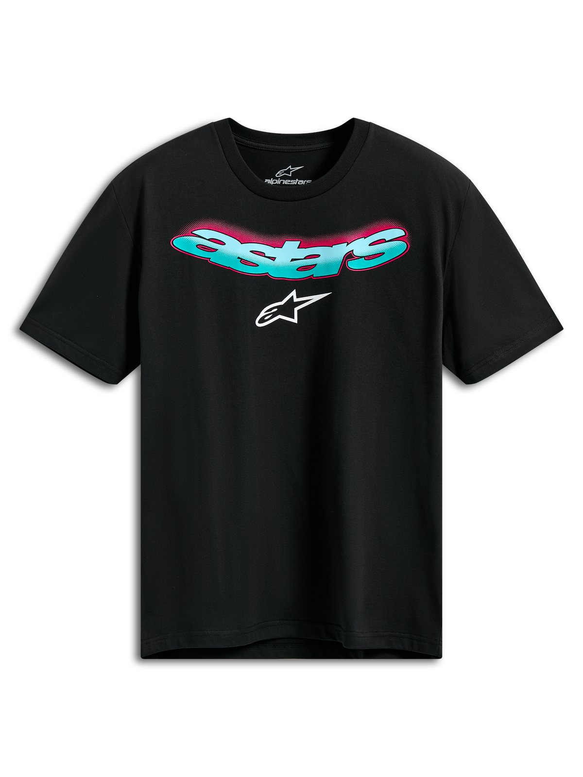 Alpinestars Ellipsoid CSF Tee, t-shirt z krótkim rękawem, czarny, zakrzywiony turkusowy napis Astars z różowym gradientem i białym logo, codzienna odzież sportowa