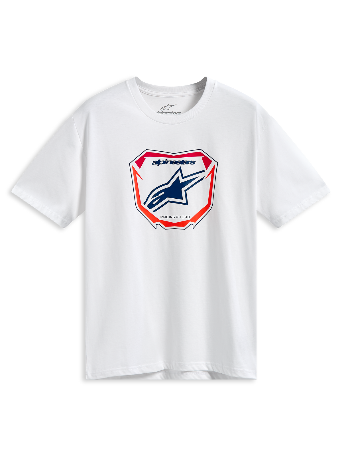 Alpinestars Plate CSF Tee, biała koszulka z krótkim rękawem, centralna grafika płyty MX z niebieskim logo Astars oraz czerwonymi i pomarańczowymi akcentami, codzienna odzież motorsportowa w stylu streetwear