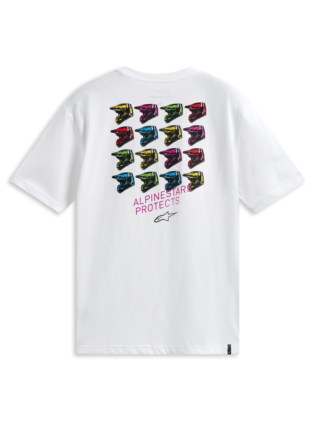 Alpinestars Pop Helmet CSF Tee, Short Sleeve T-Shirt, White, back view featuring a grid of multi-colored M10 helmets and ALPINESTARS PROTECTS text, casual motorsport-inspired streetwear