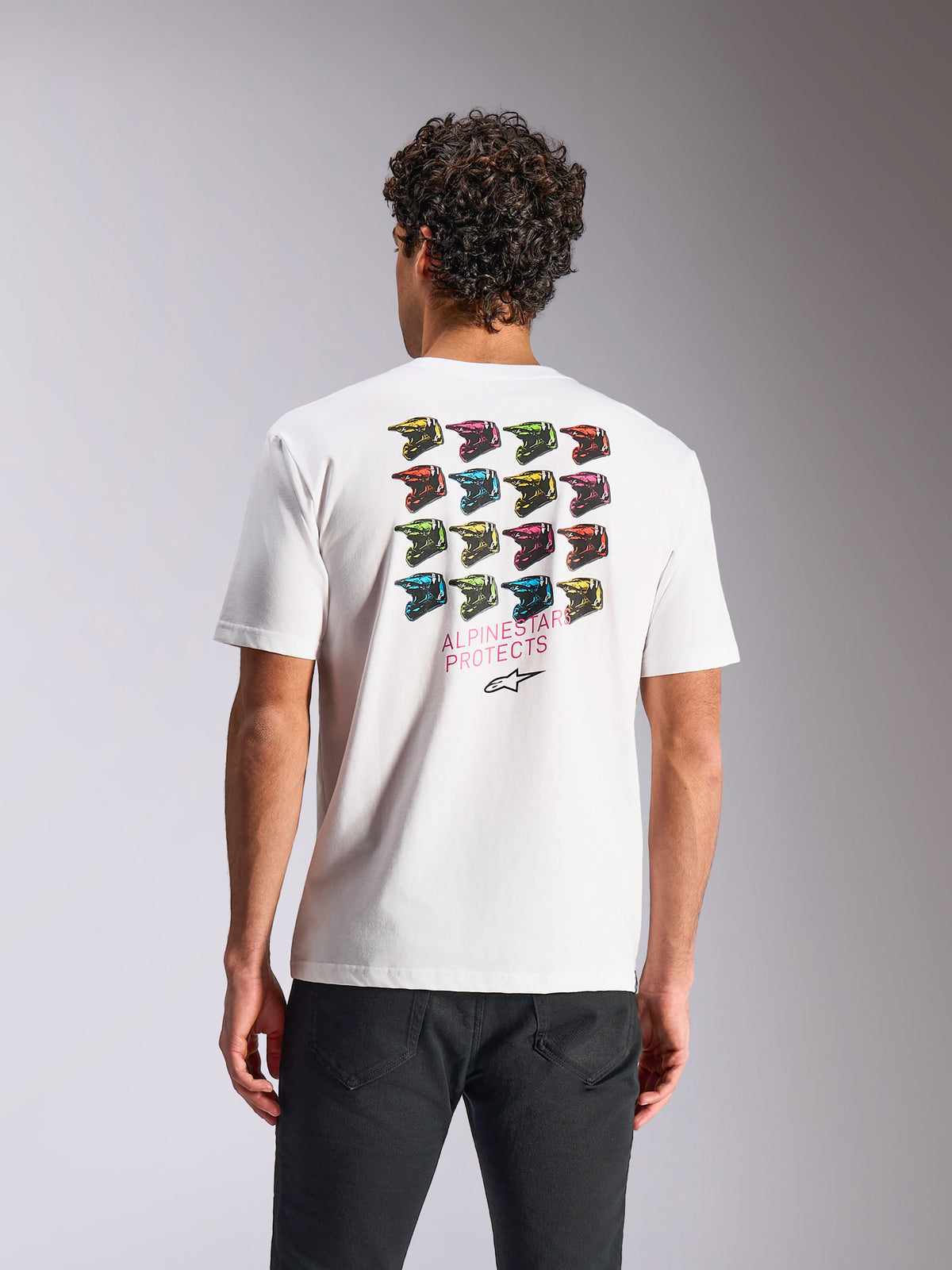 Alpinestars Pop Helmet CSF Tee, Short Sleeve T-Shirt, White, featuring colorful M10 helmet grid back graphic with Alpinestars Protects text, casual sportswear