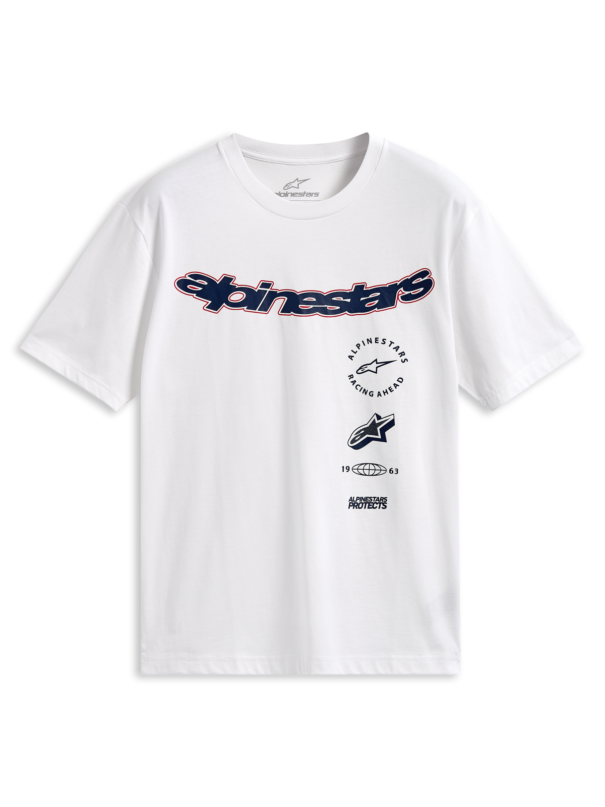 Alpinestars Abus CSF Tee, koszulka z krótkim rękawem, biała, zakrzywione granatowe logo Alpinestars z czerwoną obwódką, wielowarstwowe grafiki z przodu, codzienna odzież uliczna w stylu motorsport