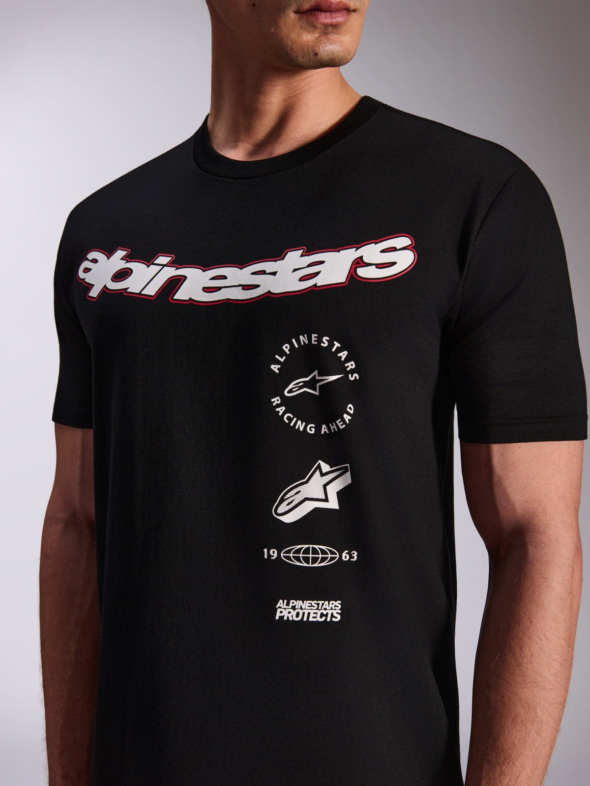 Alpinestars Abus CSF Tee, Short Sleeve T-Shirt, Black, Large White Chest Logo with Red Outline, Vertical Multi-Stacked Graphic Logos, Casual Motorsport Streetwear
