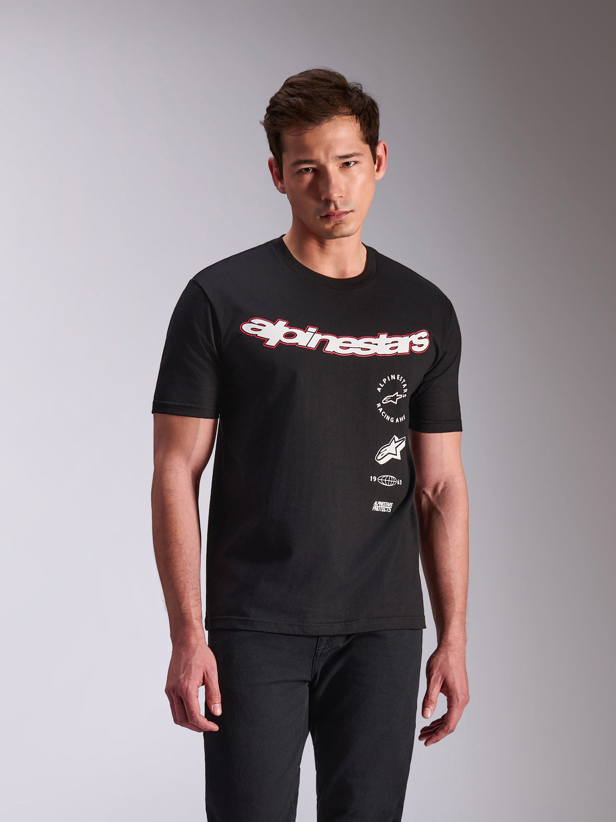 Alpinestars Abus CSF Tee, Short Sleeve T-Shirt, Black, White Alpinestars Curved Logo with Red Outline, Stacked Side Graphics, Casual Motorsport Streetwear