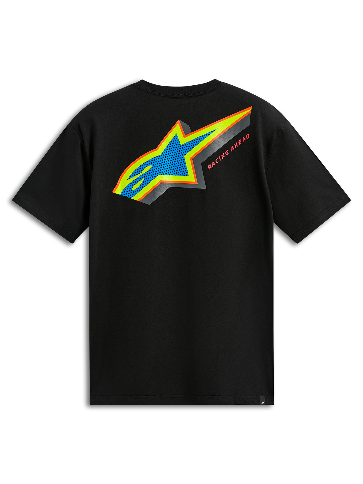 Alpinestars Angler CSF Tee, koszulka z krótkim rękawem, czarna, widok z tyłu, wielokolorowe logo Astars z niebieskim perforowanym wypełnieniem i napisem „Racing Ahead”, codzienny motorsportowy streetwear