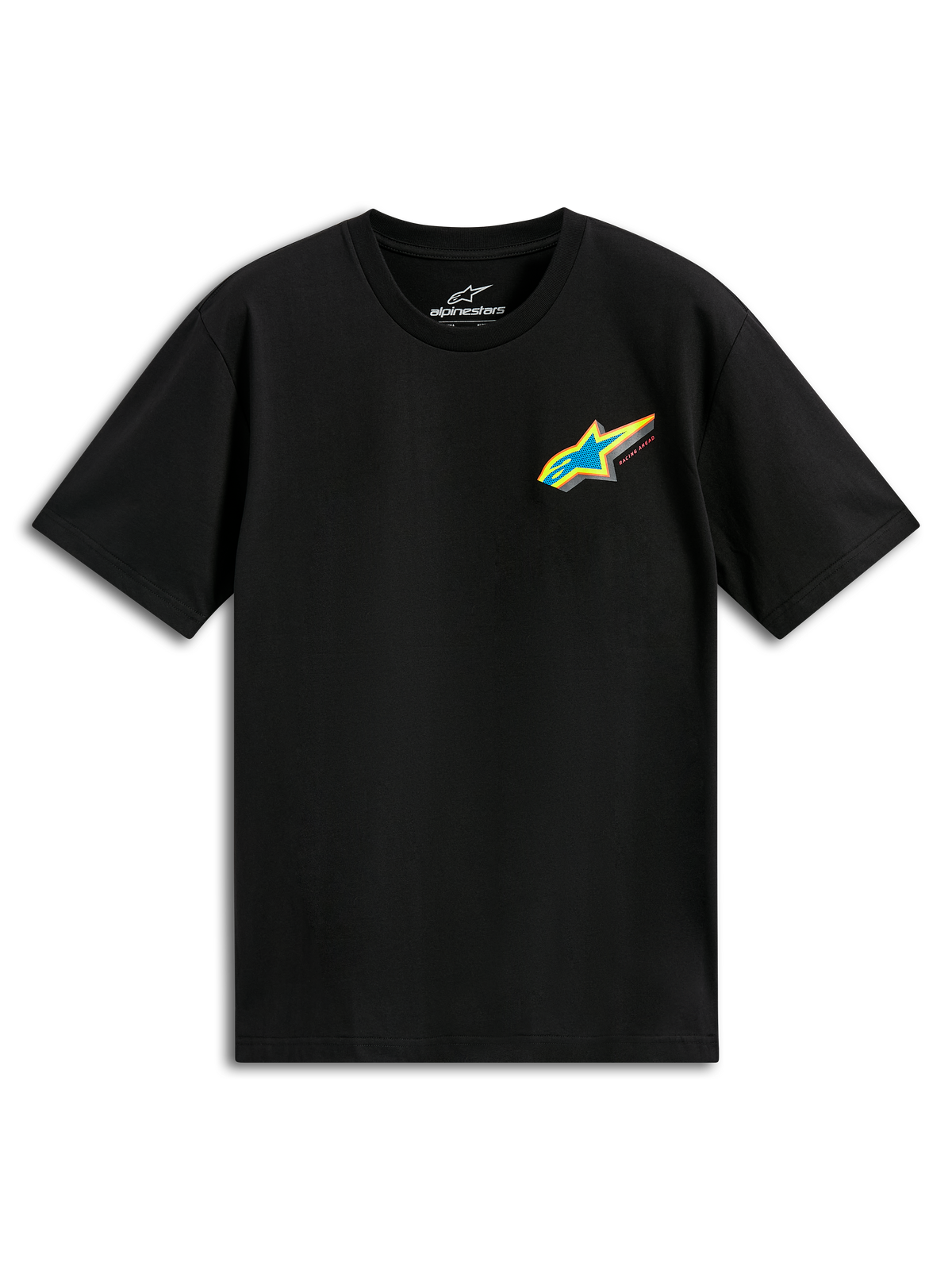 Alpinestars Angler CSF Tee, czarna koszulka z krótkim rękawem, żywe, wielokolorowe logo Astars z niebieską gwiazdą i żółtą obwódką na piersi, casualowa odzież motorsportowa