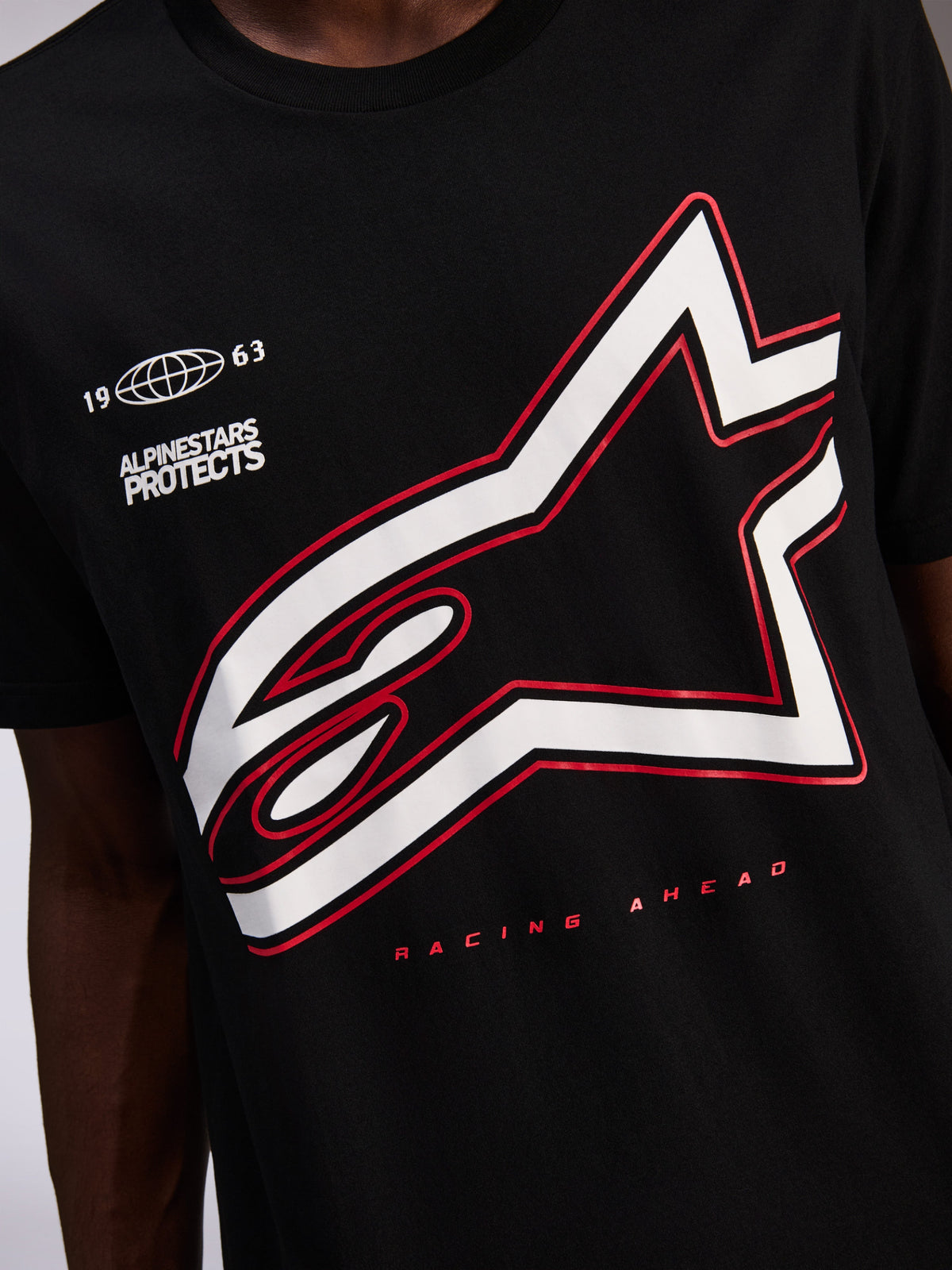 Alpinestars Authority CSF Tee, Short Sleeve T-Shirt, Black, Large White Astars Logo with Red Outline, 'Alpinestars Protects' and 'Racing Ahead' text, Casual Motorsport Streetwear