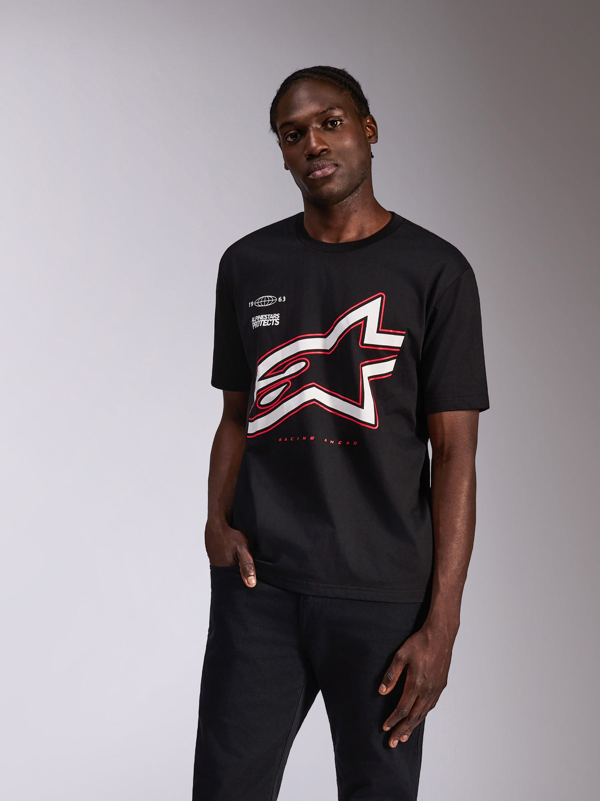 Alpinestars Authority CSF Tee, Short Sleeve T-Shirt, Black, Large White and Red Outlined Astars Logo, Casual Motorsport Streetwear