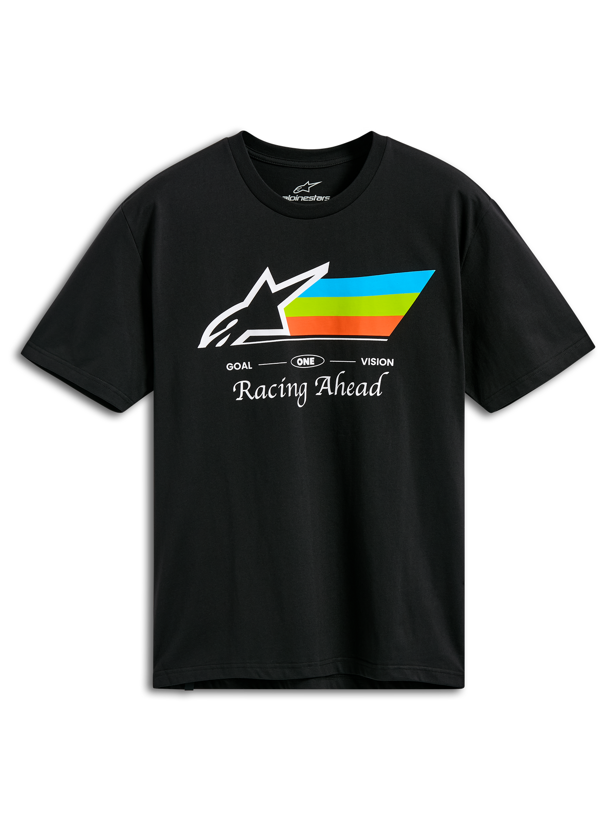 Alpinestars Trifecta CSF Tee, koszulka z krótkim rękawem, czarna, z białym logo Astars oraz cyjanowymi, zielonymi i pomarańczowymi paskami, napis „Racing Ahead”, codzienna odzież sportowa w stylu motorsportowym