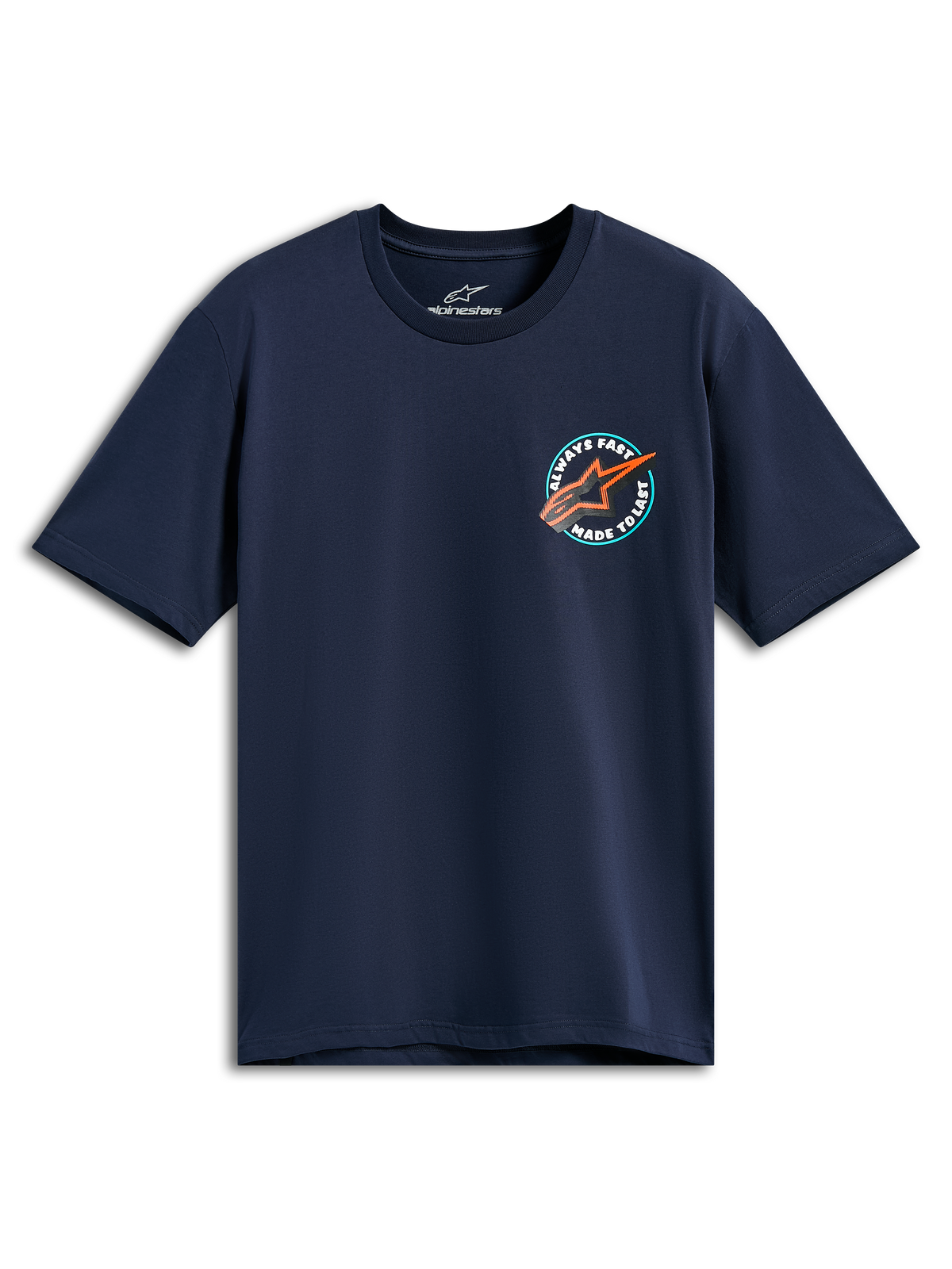 Alpinestars Aorbit CSF Tee, Short Sleeve T-Shirt, Navy Blue, Circular Chest Graphic with Orange Astars Logo and Always Fast Made to Last text, Casual Motorsport Sportswear