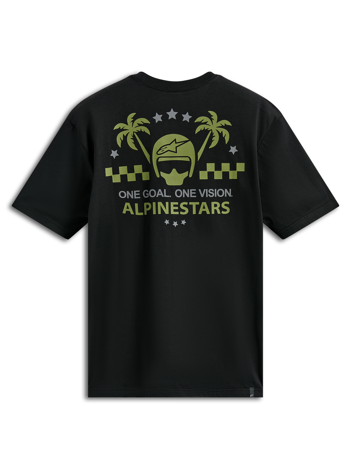 Alpinestars Order CSF Tee, koszulka z krótkim rękawem, czarna, oliwkowa i szara grafika z kaskiem i palmami, napis „One Goal One Vision”, codzienna odzież sportowa w stylu motorsportowym