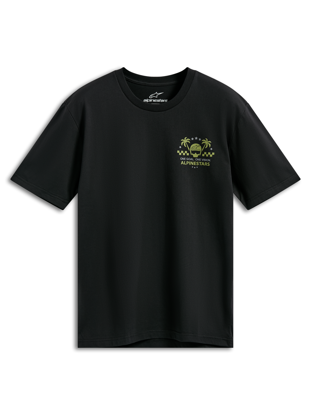 Alpinestars Order CSF Tee, czarny t-shirt z krótkim rękawem, żółta i zielona grafika na piersi z kaskiem i palmami, napis „One Goal One Vision”, codzienna odzież motorsportowa streetwear