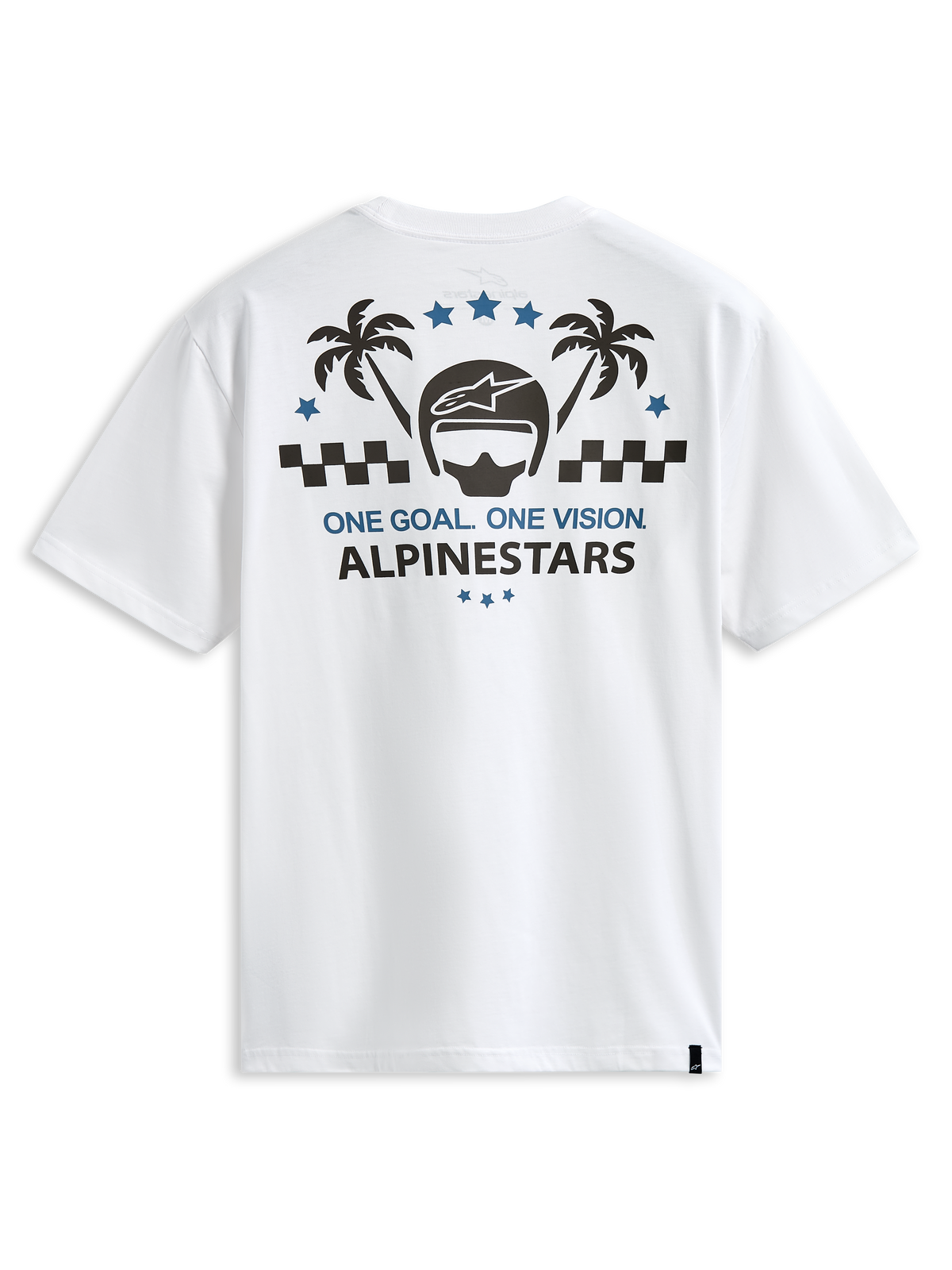 Alpinestars Order CSF Tee, biały t-shirt z krótkim rękawem, grafika na plecach z kaskiem i palmami, napis "One Goal One Vision", casualowy styl motorsportowy streetwear