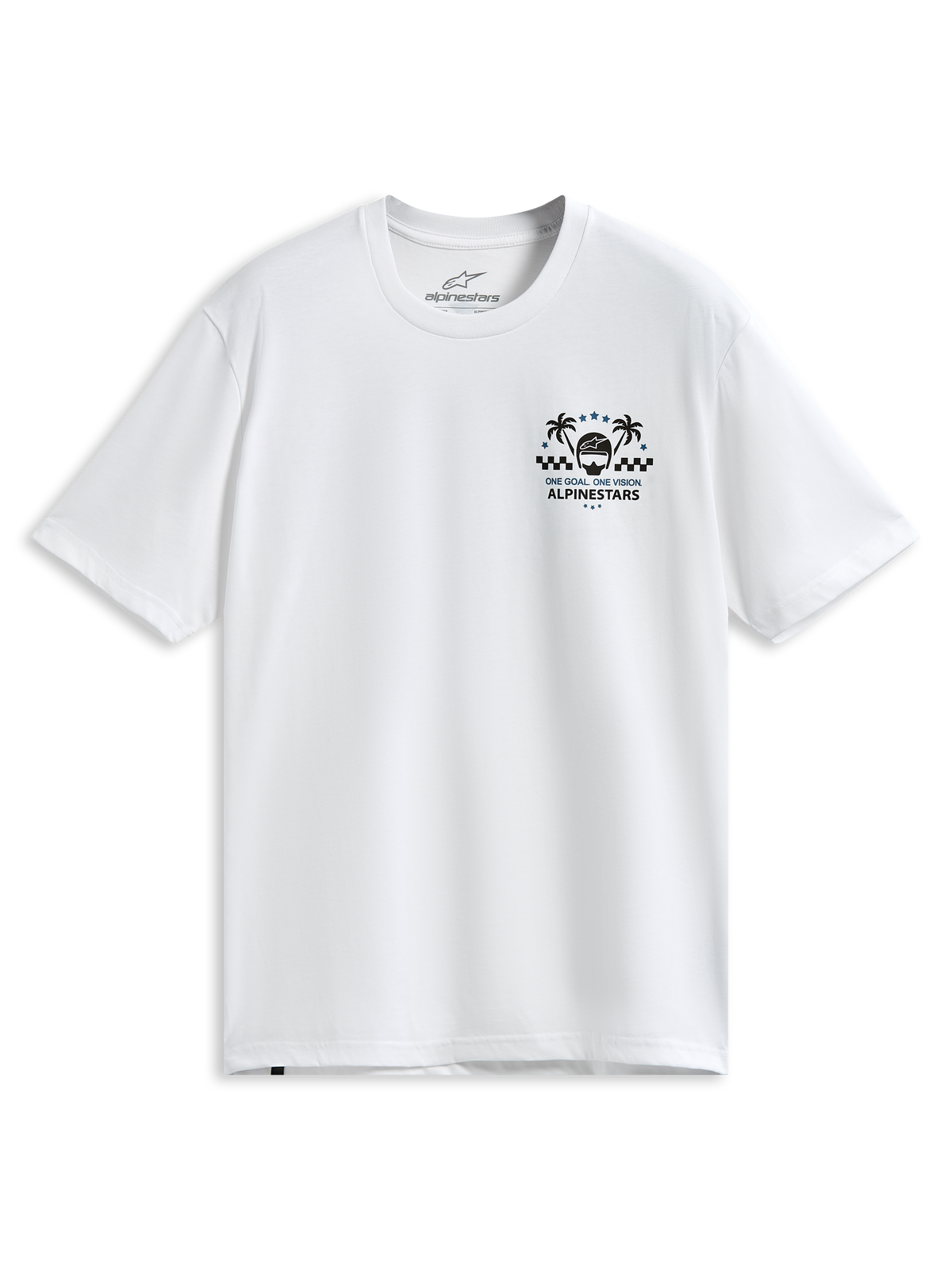 Alpinestars Order CSF Tee, koszulka z krótkim rękawem, biała, grafika na piersi z palmami i kaskiem wyścigowym, napis „One Goal One Vision”, casualowa odzież sportowa w stylu motorsport