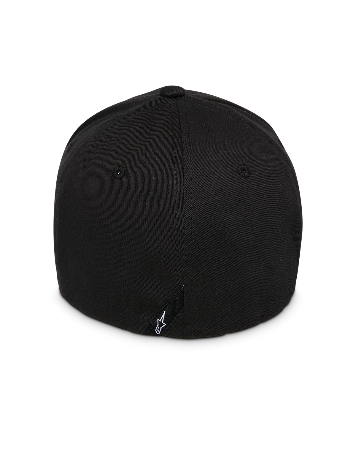 Alpinestars Instinct Hat, czarna czapka, widok z tyłu prezentujący strukturalną koronę i konstrukcję typu flex-back, z małą czarną metką z białym logo Astars, wytrzymała tkanina twillowa, codzienne nakrycie głowy inspirowane motorsportem