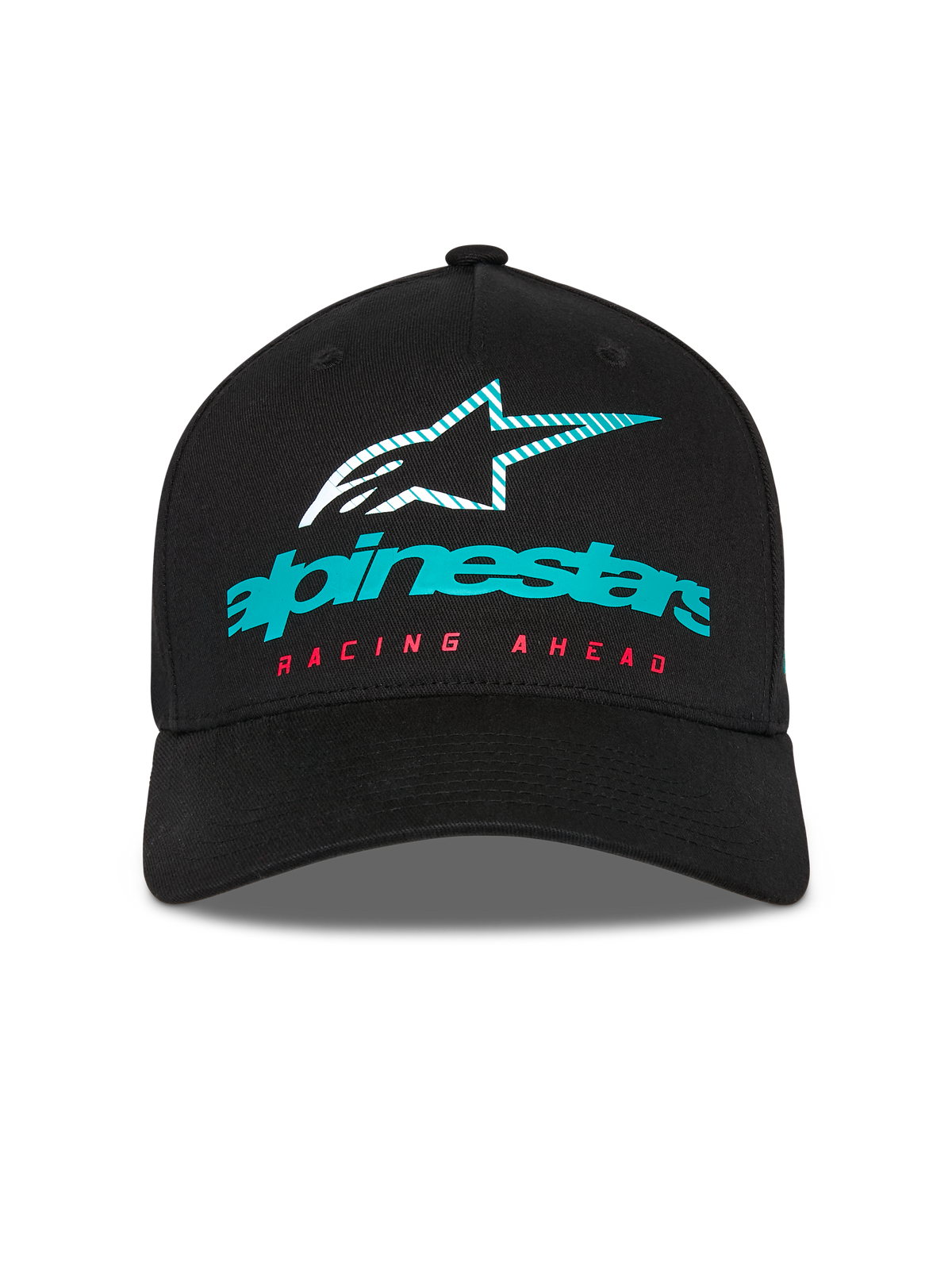 Alpinestars Instinct Hat, czarna czapka z daszkiem, morskie logo Alpinestars z pasiastą ikoną gwiazdy i czerwonym napisem „RACING AHEAD”, zakrzywiony daszek, sportowy styl streetwear