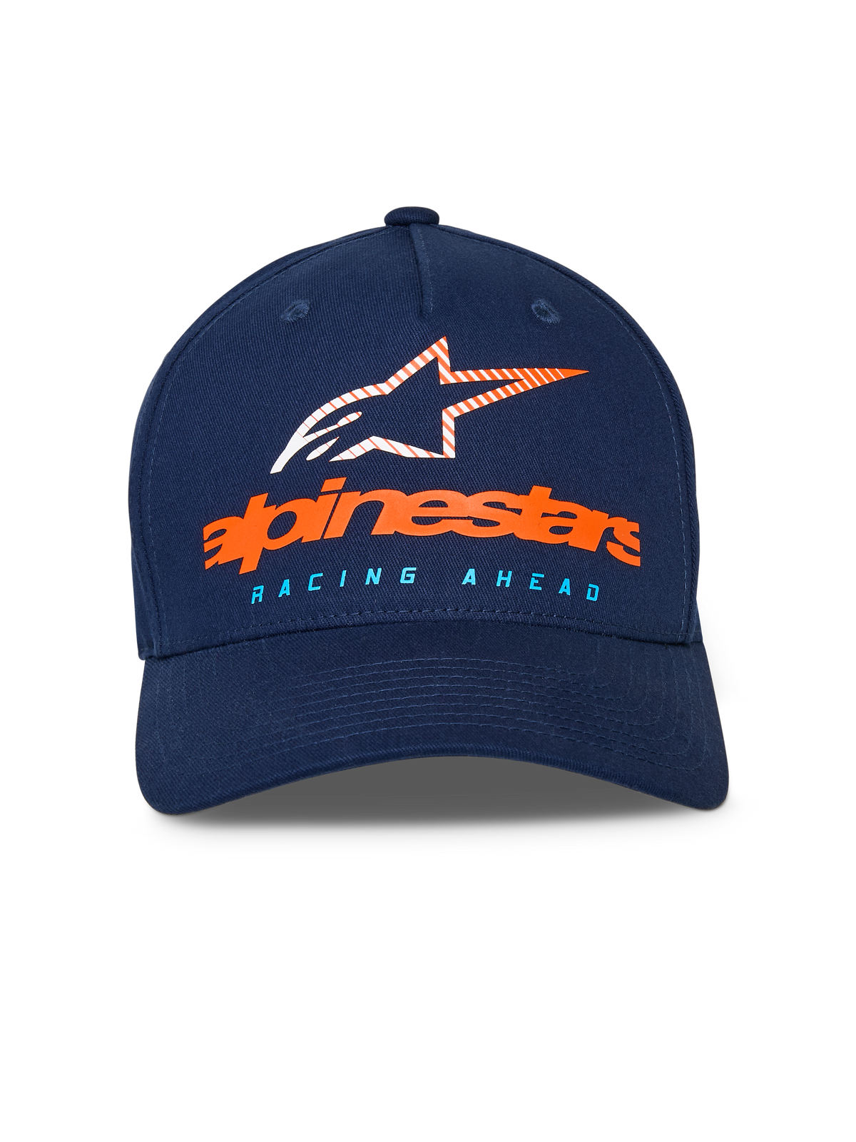Alpinestars Instinct Hat, granatowa czapka z daszkiem, zakrzywiony daszek i usztywniana korona, pomarańczowy logotyp Alpinestars i prążkowane logo gwiazdy z przodu, jasnoniebieski napis „RACING AHEAD”, sportowa odzież casual