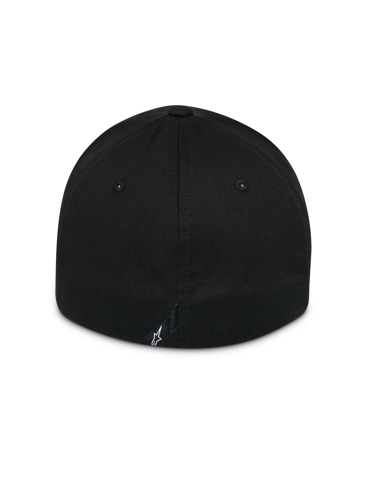 Alpinestars Surpass Hat, czarna, widok z tyłu czapki z wygiętym daszkiem o usztywnionej koronie, elastyczny tył typu flex back, małe białe logo Astars na tylnej metce, codzienne nakrycie głowy w stylu motorsport