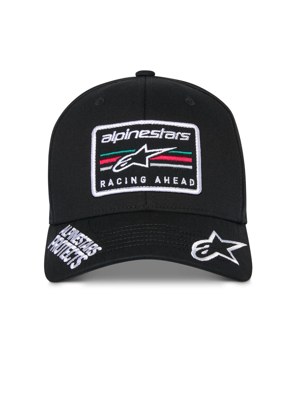 Alpinestars Surpass Hat, czarna usztywniana czapka z daszkiem, zakrzywiony daszek z białym haftowanym logo Astars i napisem „Alpinestars Protects”, z przodu naszywka z logo „Racing Ahead” i kolorowymi pasami, codzienne nakrycie głowy inspirowane sportami motorowymi