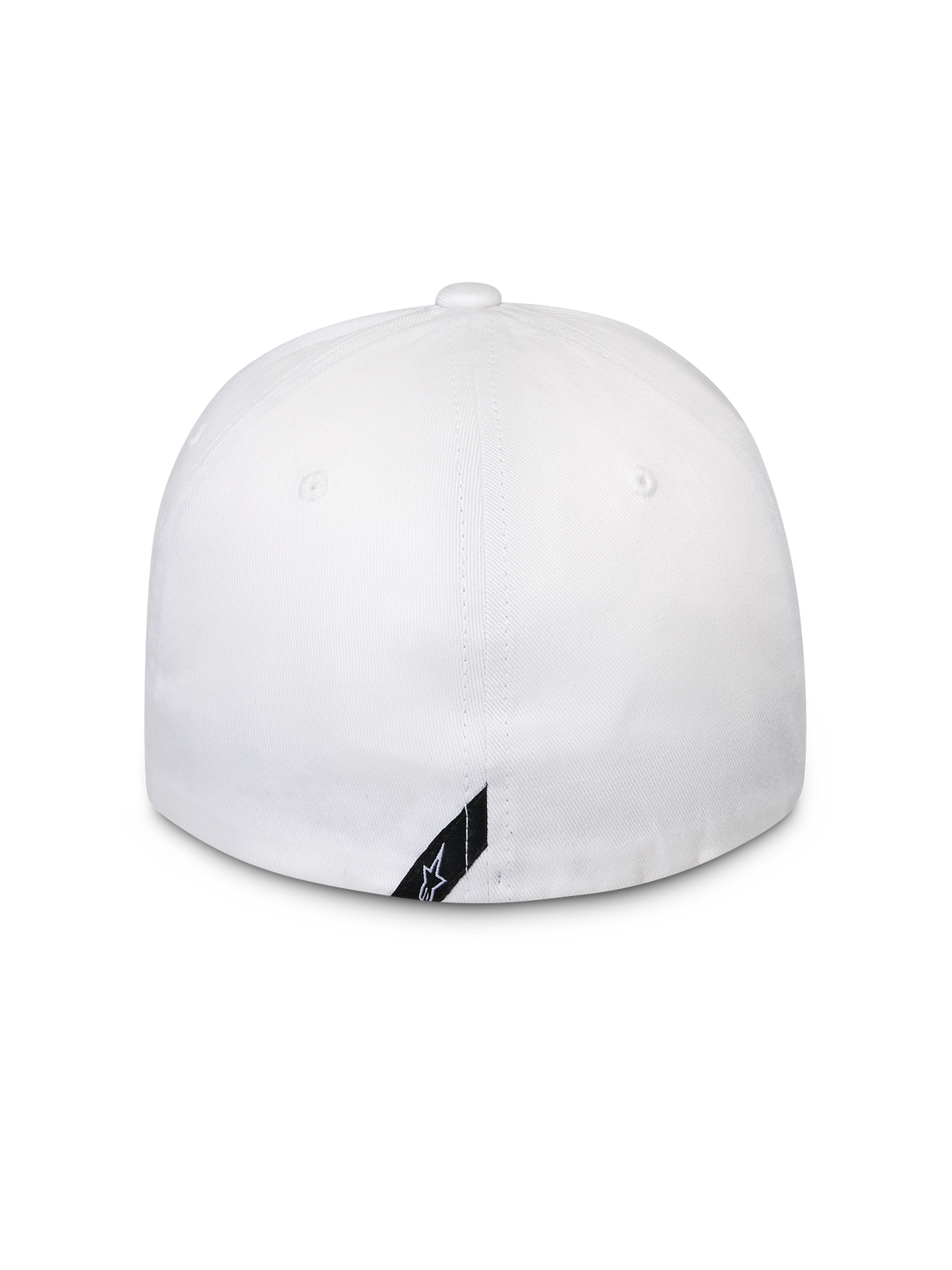 Czapka Alpinestars Surpass, biała, widok z tyłu czapki typu flex-back, usztywniana korona, mała czarna ukośna metka z logo Alpinestars na dolnej krawędzi, codzienna odzież sportowa