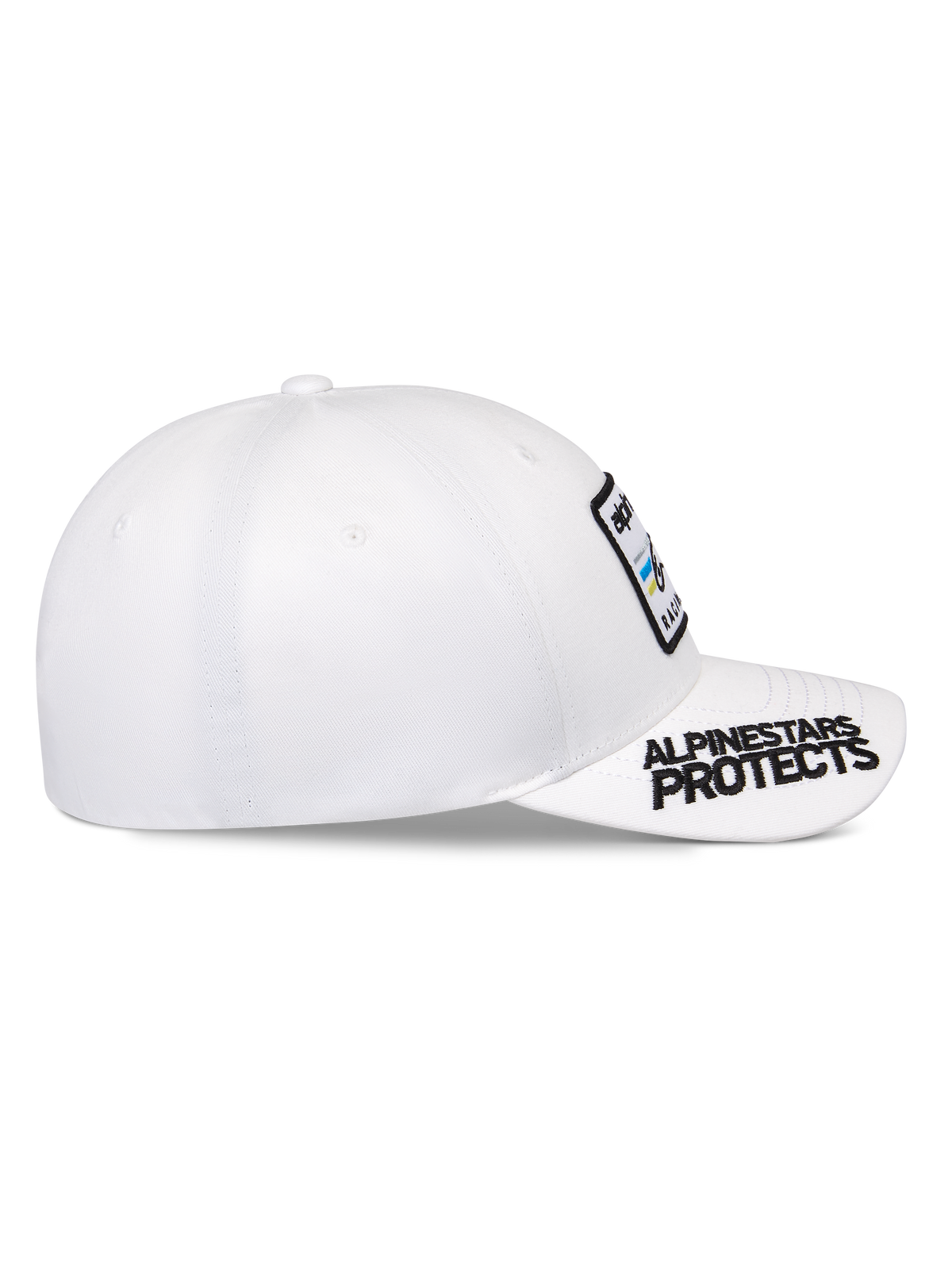 Alpinestars Surpass Hat, biała czapka z daszkiem, zakrzywiony daszek z czarnym haftem „ALPINESTARS PROTECTS”, usztywniona korona z naszywką z logo na przodzie, sportowa czapka typu baseball
