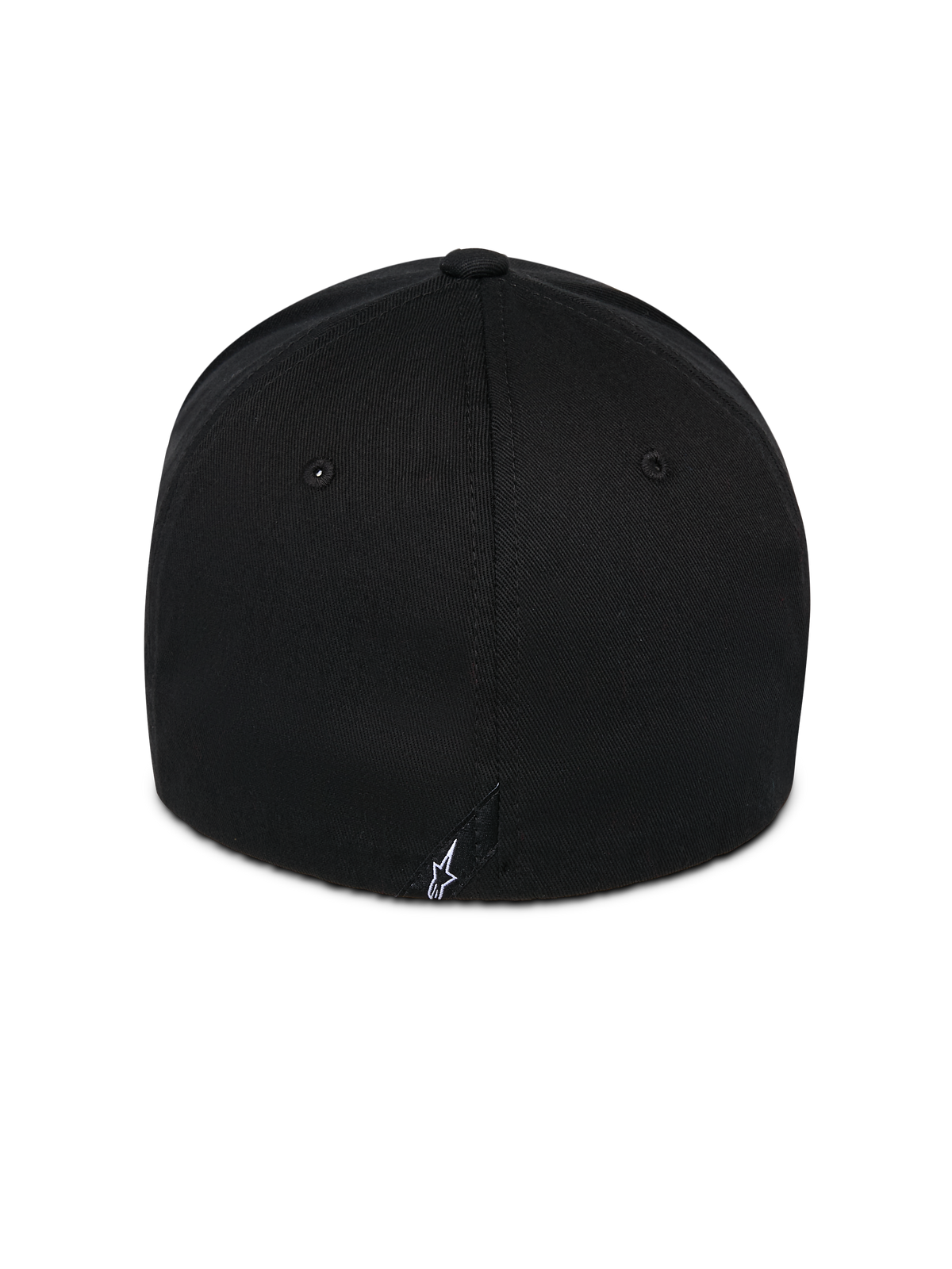 Alpinestars Corp Shift Relay Hat, Black, back view showing small white embroidered Astars logo, structured crown with twill fabric, flex back design for casual sportswear