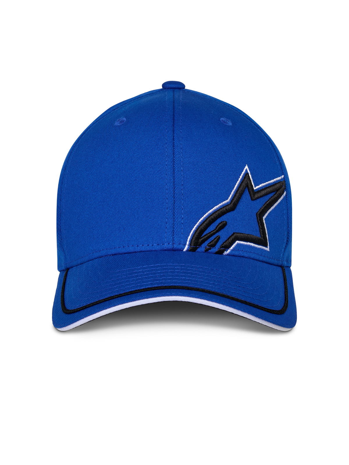 Alpinestars Corp Shift Relay Hat, niebieska czapka z daszkiem, czarny haft 3D logo Astars z białą obwódką, czarno-białe wykończenie krawędzi daszka, casualowy styl motorsportowy