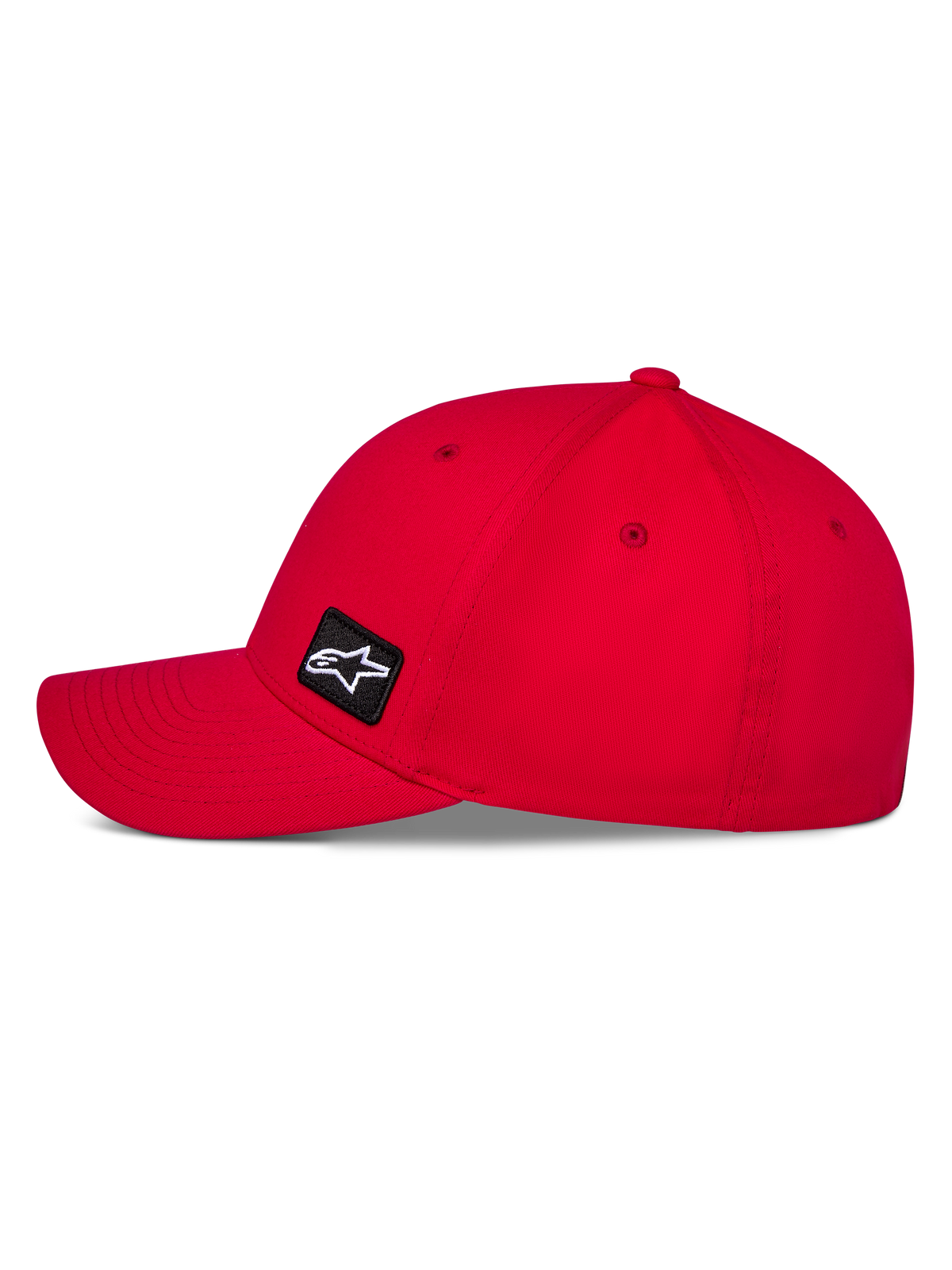 Alpinestars Pivot Hat, Red Sportswear Hat, side profile showing curved bill and structured crown, small black embroidered Astars logo patch, durable twill fabric, casual motorsport design
