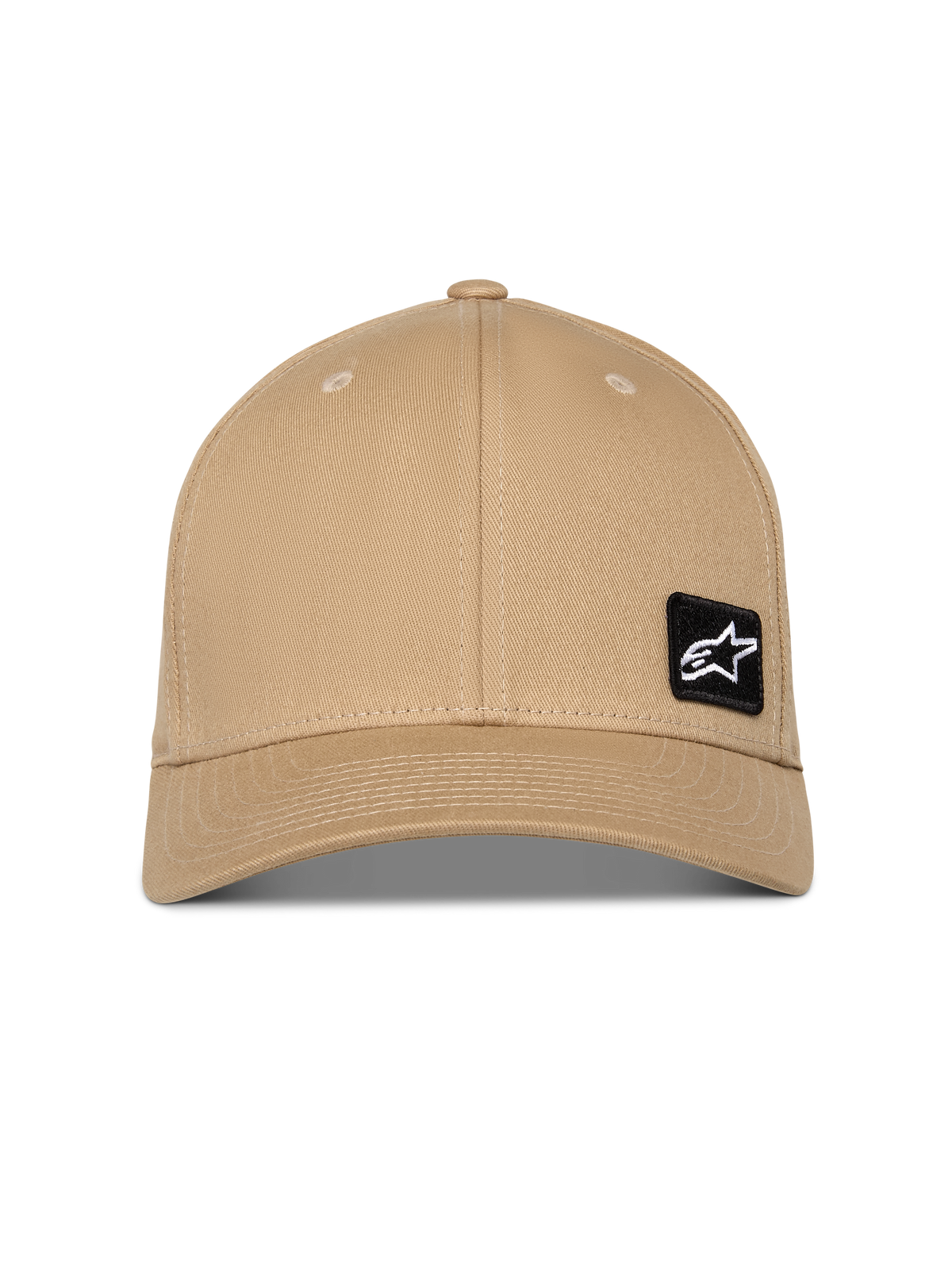 Alpinestars Pivot Hat, czapka z daszkiem w kolorze piaskowego khaki, zakrzywiony daszek i strukturalna korona, mała czarna naszywka z haftowanym logo Astars z przodu, sportowe nakrycie głowy