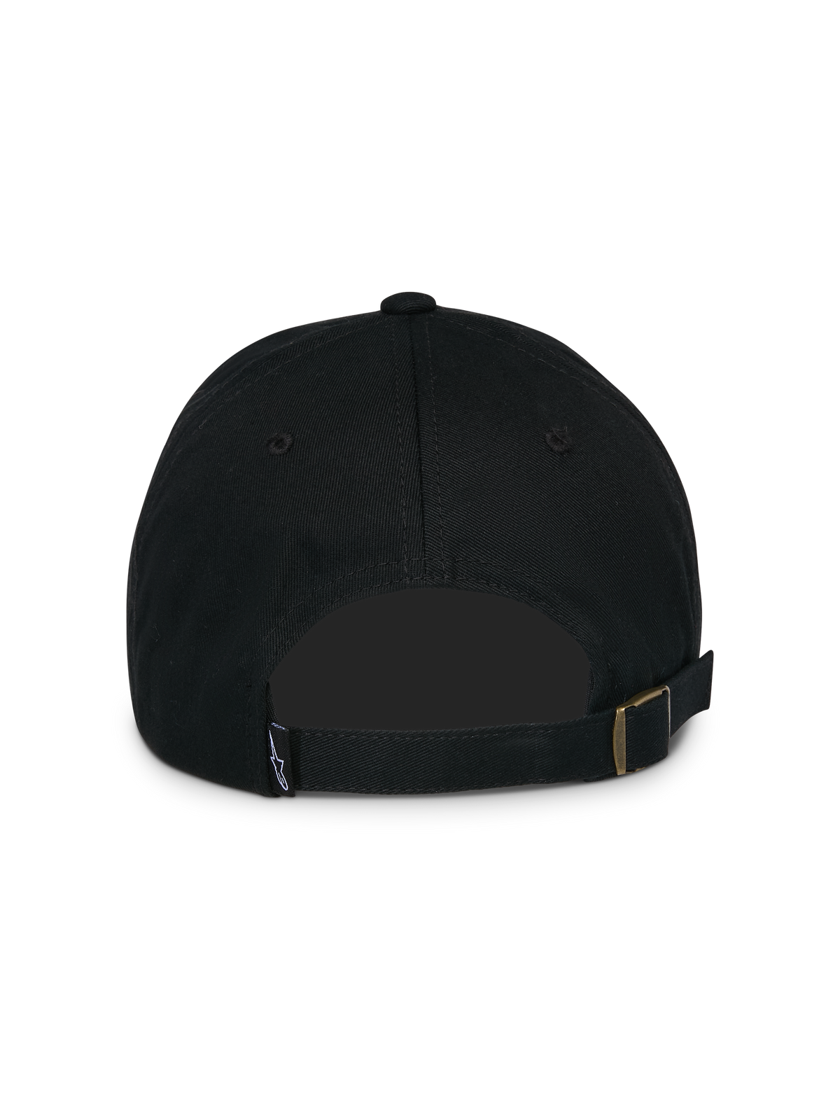 Alpinestars Calipalm Strapback Hat, Black, back view featuring an adjustable strapback closure with a metal buckle, small woven logo label, and unstructured cotton twill construction