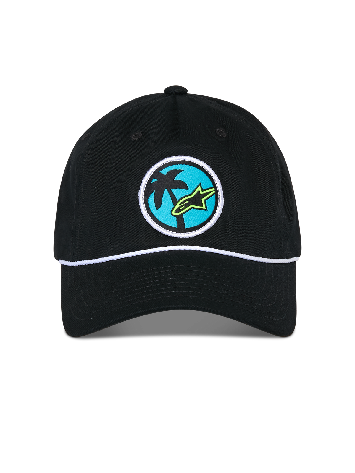Alpinestars Calipalm Strapback Hat, czarna czapka z okrągłą tkaną naszywką z palmą i limonkowym logo Astars na niebieskim tle, biały ozdobny sznurek nad daszkiem, sportowa odzież codzienna