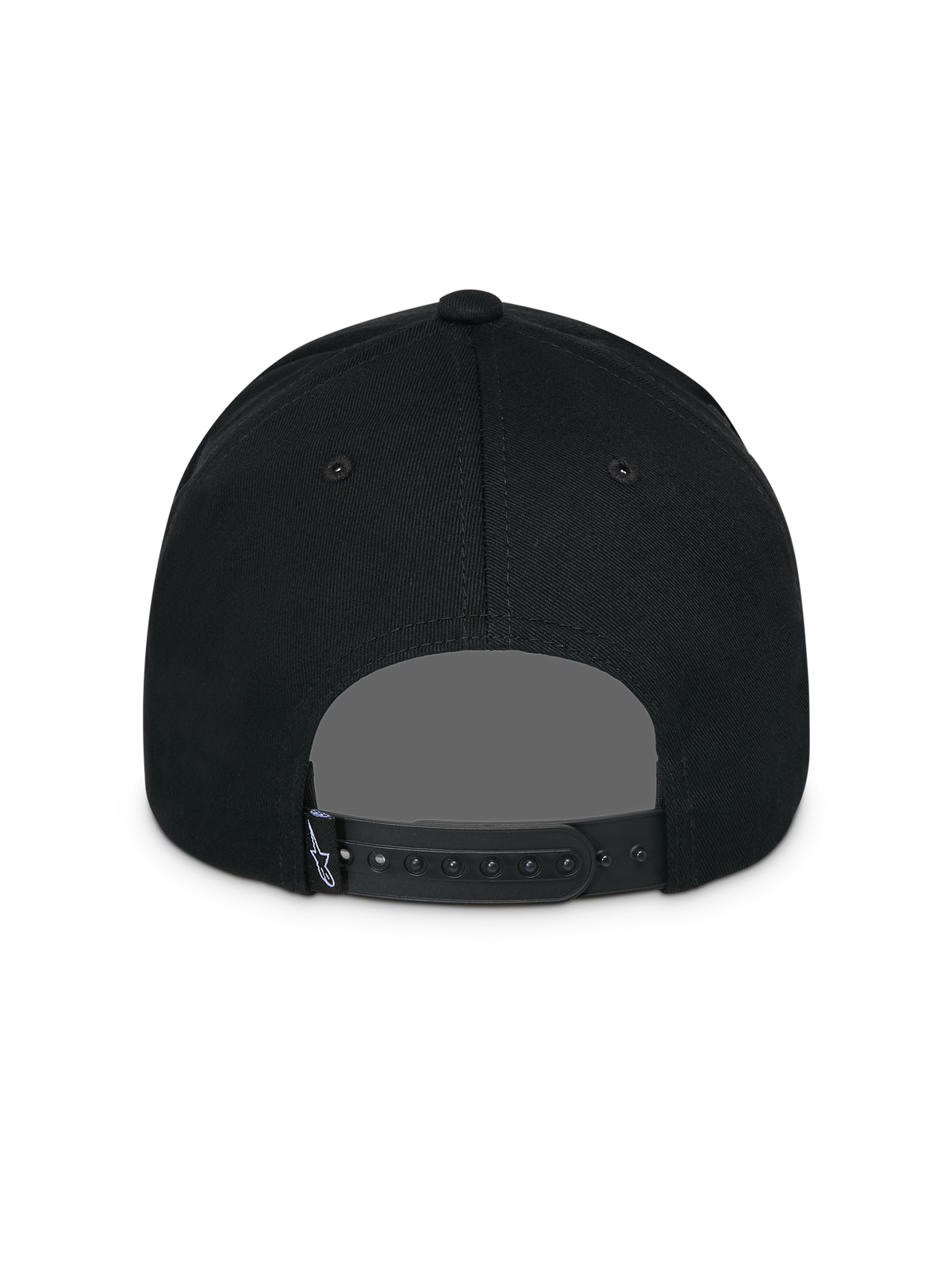 Alpinestars Lucid Snapback Hat, Black, Back View, featuring adjustable snapback closure and small Astars logo tag, structured crown, casual motorsport-inspired headwear