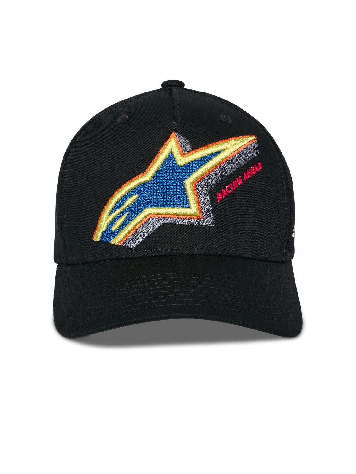Alpinestars Lucid Snapback Hat, Black, front view showing vibrant multi-color Astars logo embroidery with Racing Ahead text, curved bill and structured crown, casual sportswear headwear