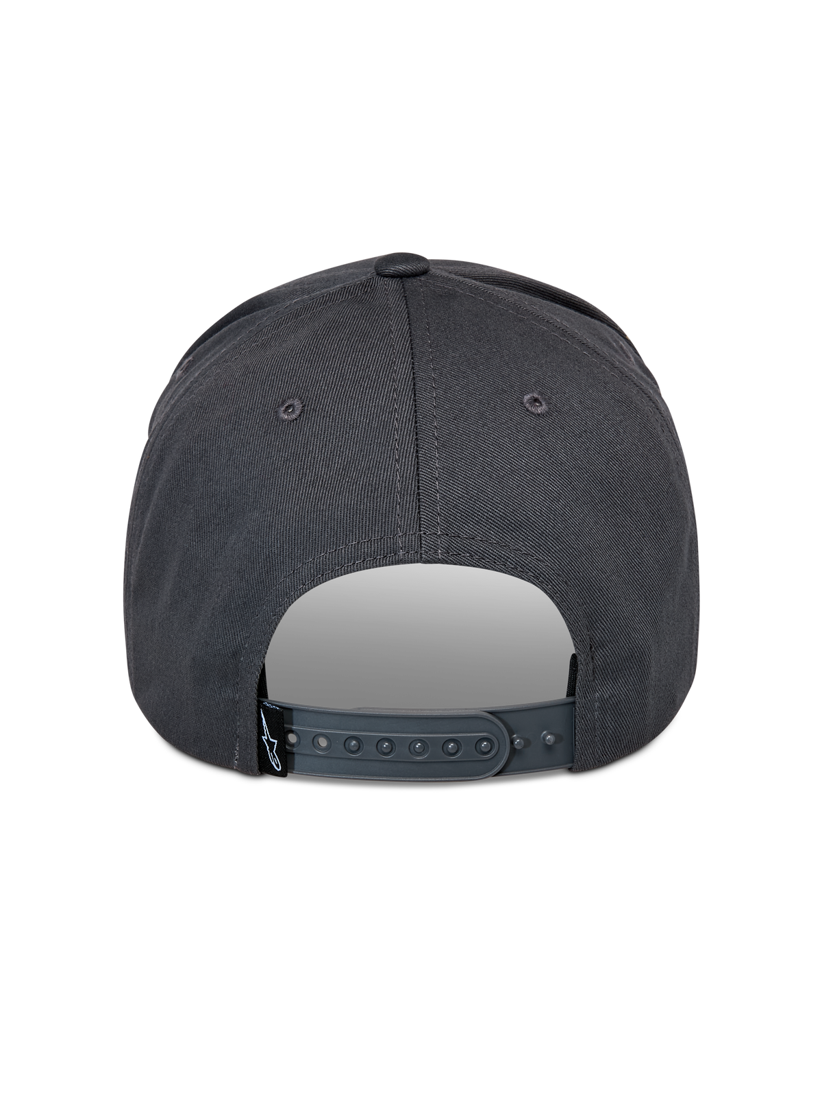 Alpinestars Lucid Snapback Hat, ciemnoszara, widok z tyłu ukazujący regulowane plastikowe zapięcie snapback i małą czarną metkę z logo, ustrukturyzowana korona, codzienne nakrycie głowy inspirowane sportami motorowymi