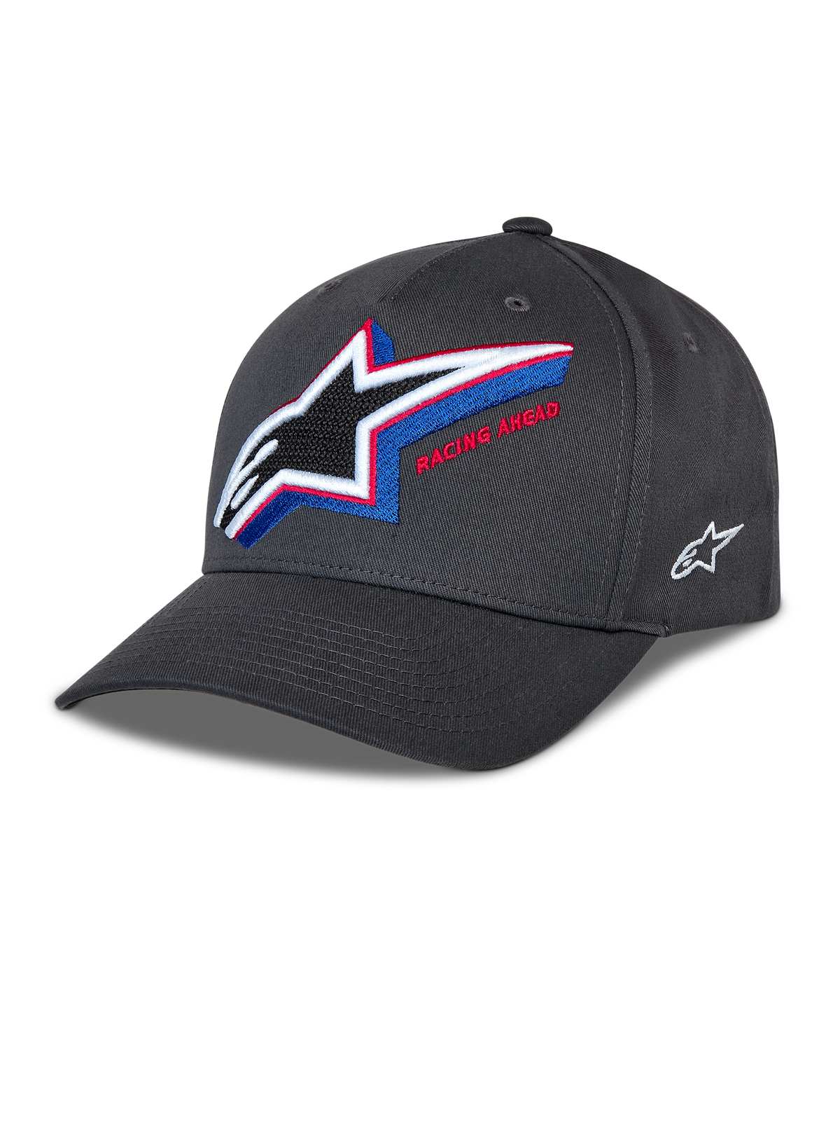 Czapka Alpinestars Lucid Snapback, grafitowa czapka z daszkiem, zakrzywiony daszek z ustrukturyzowaną koroną, duże wielokolorowe haftowane logo Astars z przodu z napisem „Racing Ahead”, małe białe logo z boku, casualowy styl motorsportowy