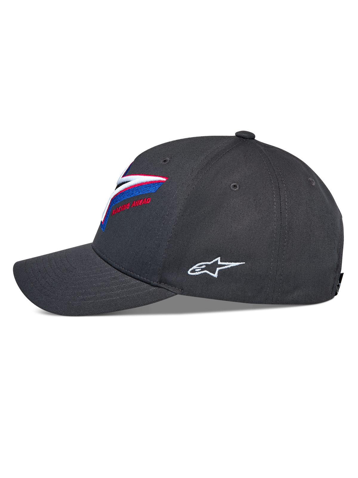 Alpinestars Lucid Snapback Hat, widok z profilu, grafitowa, zakrzywiony daszek z ustrukturyzowaną koroną, wyrazisty wielokolorowy haft z logo z przodu, białe boczne logo Astars, codzienne nakrycie głowy w stylu motorsportowym