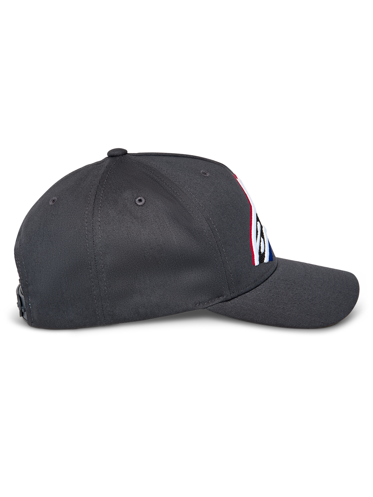 Czapka Alpinestars Lucid Snapback, widok z boku, grafitowa, zakrzywiony daszek i usztywniona korona, haftowane logo z przodu z wielokolorowym wypełnieniem, codzienna czapka typu snapback inspirowana sportami motorowymi