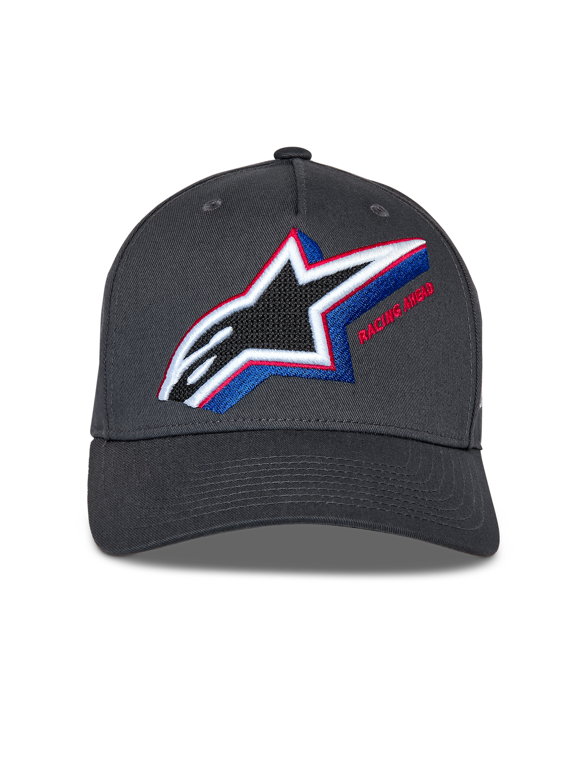 Alpinestars Lucid Snapback Hat, ciemnoszara czapka z daszkiem, wielokolorowe haftowane logo Astars z czerwonymi i niebieskimi akcentami, zakrzywiony daszek, ustrukturyzowana korona, casualowa odzież uliczna w stylu motorsport