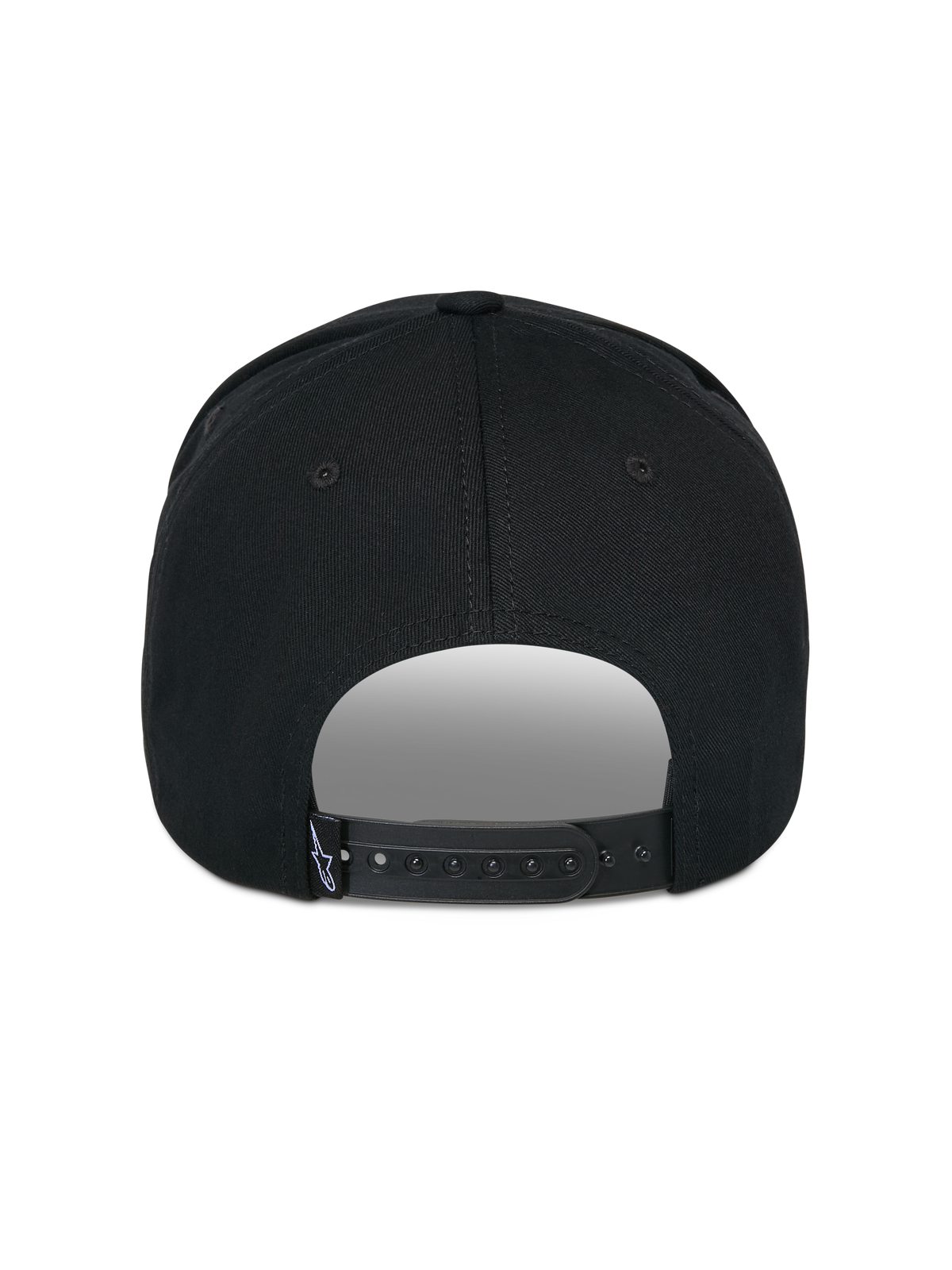 Alpinestars Matrix Snapback Hat, czarna czapka z daszkiem, widok z tyłu, regulowane zapięcie typu snapback z małą białą metką z logo, usztywniona korona i zakrzywiony daszek, casualowa odzież streetwear inspirowana motorsportem
