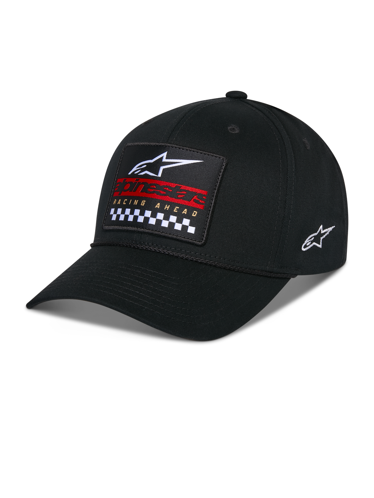 Alpinestars Matrix Snapback Hat, czarna czapka z daszkiem, zakrzywiony daszek i usztywniona korona, z przodu wielokolorowa haftowana naszywka z logo Alpinestars, czerwone elementy marki i wzór w szachownicę, z boku haftowane logo, codzienne nakrycie głowy motorsport