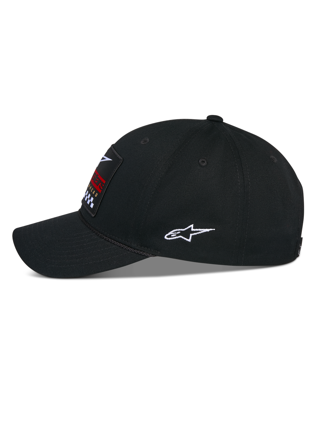 Alpinestars Matrix Snapback Hat, czarna czapka z daszkiem, widok z boku, zakrzywiony daszek i usztywniona korona, wielokolorowa haftowana naszywka z przodu i białe logo Astars z boku, konstrukcja z bawełnianego twillu