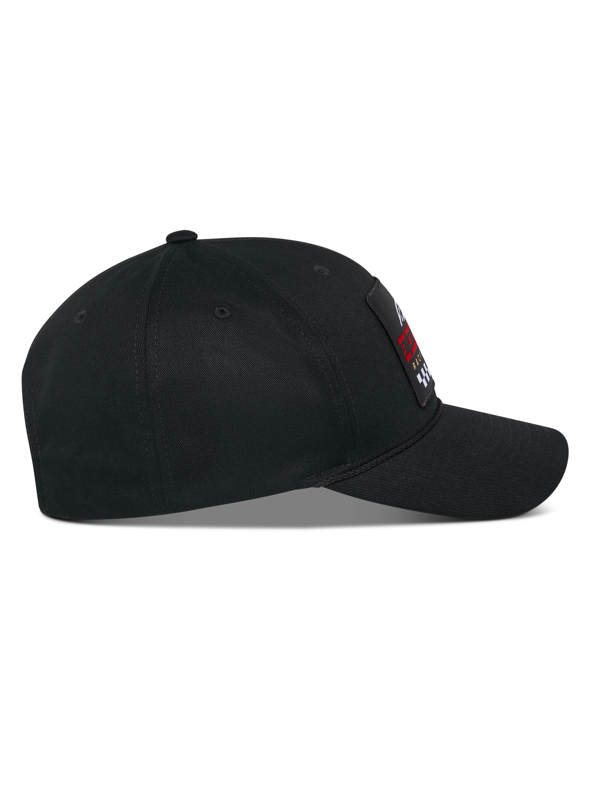 Czapka Alpinestars Matrix Snapback, profil boczny, czarna czapka z bawełnianego kepru z zakrzywionym daszkiem i usztywnioną koroną, wielokolorowa haftowana naszywka z przodu, codzienna odzież uliczna w stylu motorsport