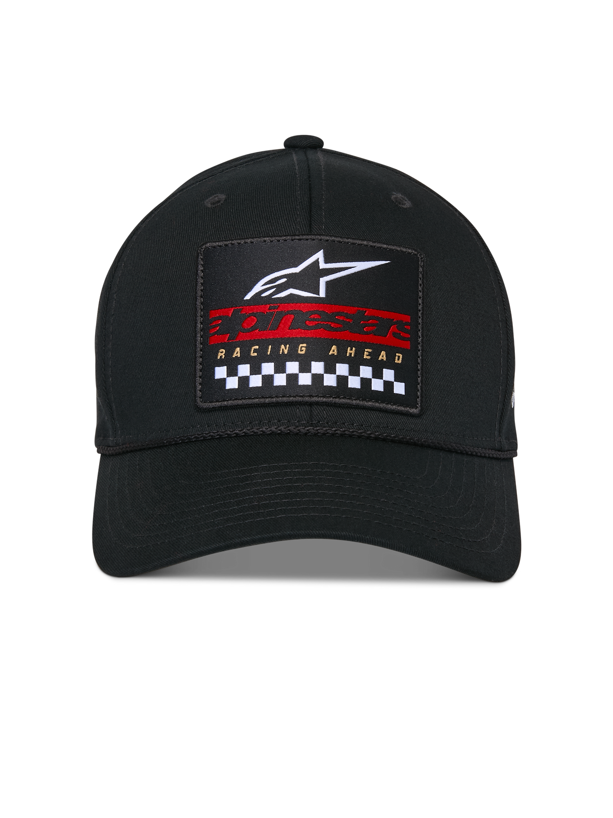 Alpinestars Matrix Snapback Hat, czarna czapka z daszkiem, usztywniona korona i zakrzywiony daszek, widok z przodu z wielokolorową haftowaną naszywką z białym logo Astars, czerwonym napisem marki i czarno-białym wzorem szachownicy, codzienne nakrycie głowy w stylu motorsportowym